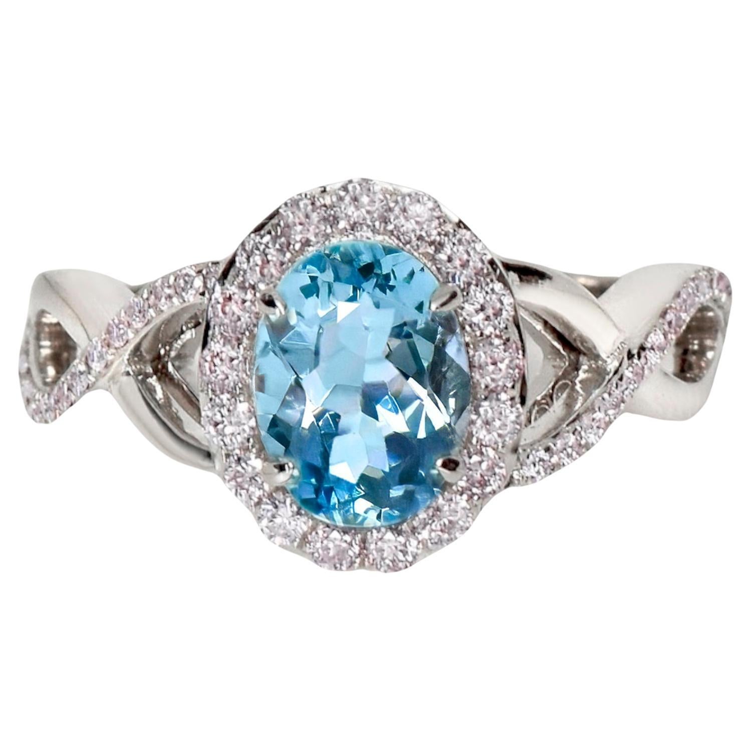 IGI 14K 1.14 Ct Aquamarine&Pink Diamonds Antique Art Deco Style Engagement Ring For Sale