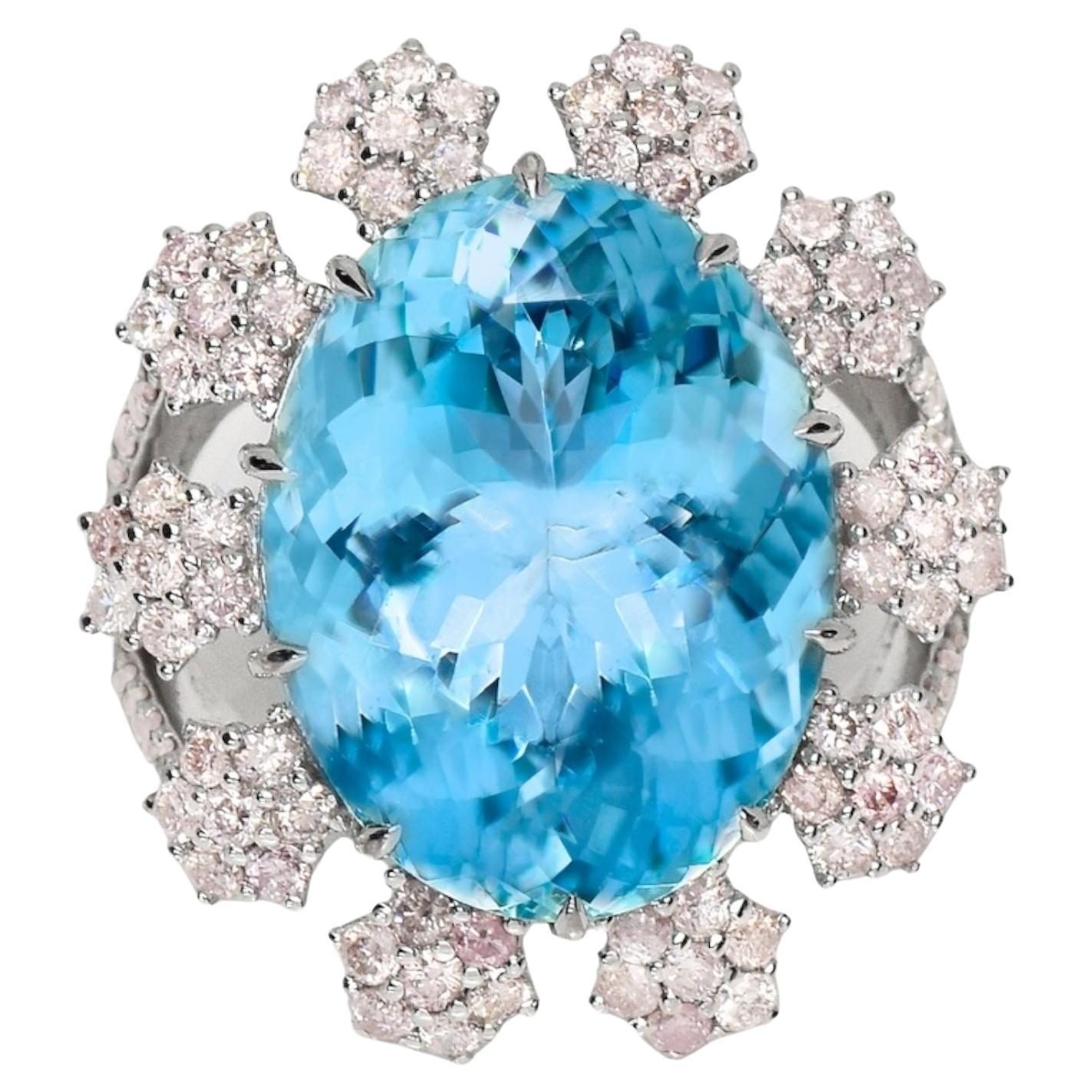 IGI 11.46 Ct 14K White Gold Santa Maria Blue Aquamarine&Pink Diamonds Ring