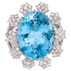IGI 14K 11.46 Ct Santa Maria Blue Aquamarine&Pink Diamonds Cocktail Ring