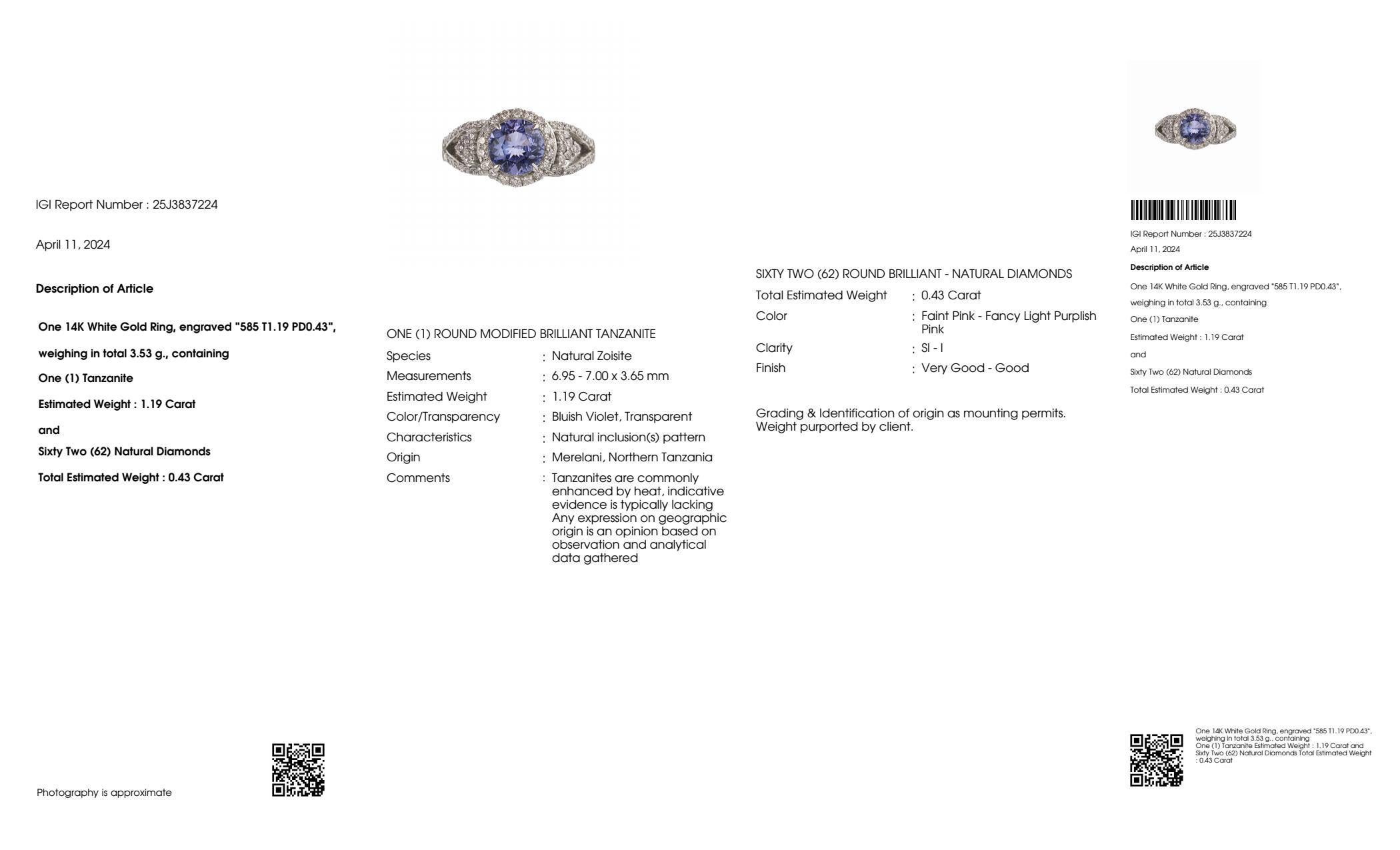 IGI 14K 1.19 ct Tanzanite&Pink Diamond Antique Art Deco Engagement Ring For Sale 2
