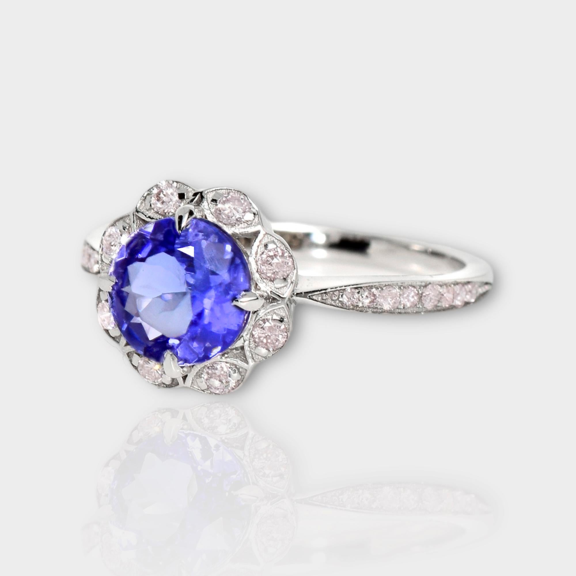 Contemporary IGI 14K 1.21 ct Tanzanite&Pink Diamond Antique Art Deco Engagement Ring For Sale