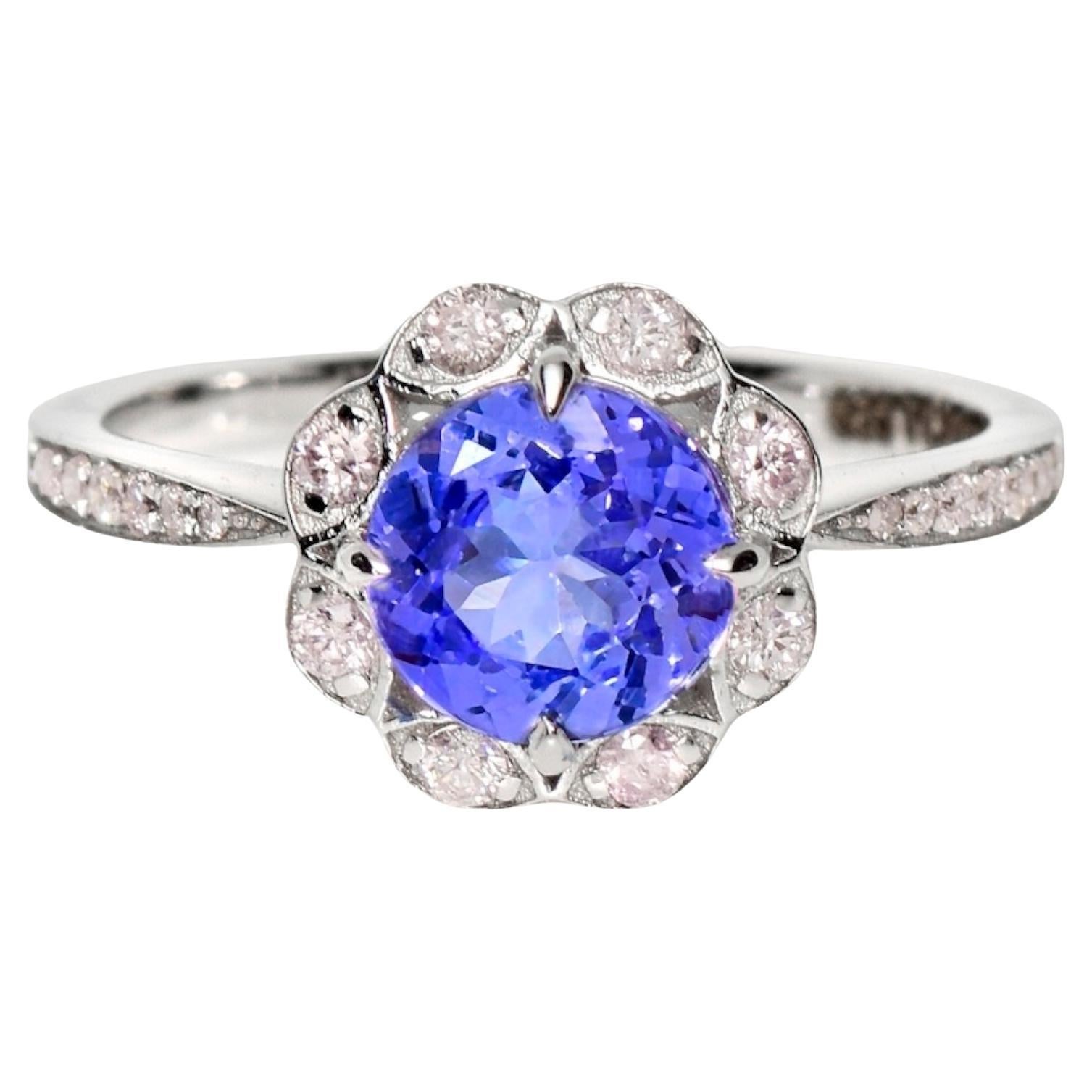 IGI 14K 1.21 ct Tanzanite&Pink Diamond Antique Art Deco Engagement Ring For Sale