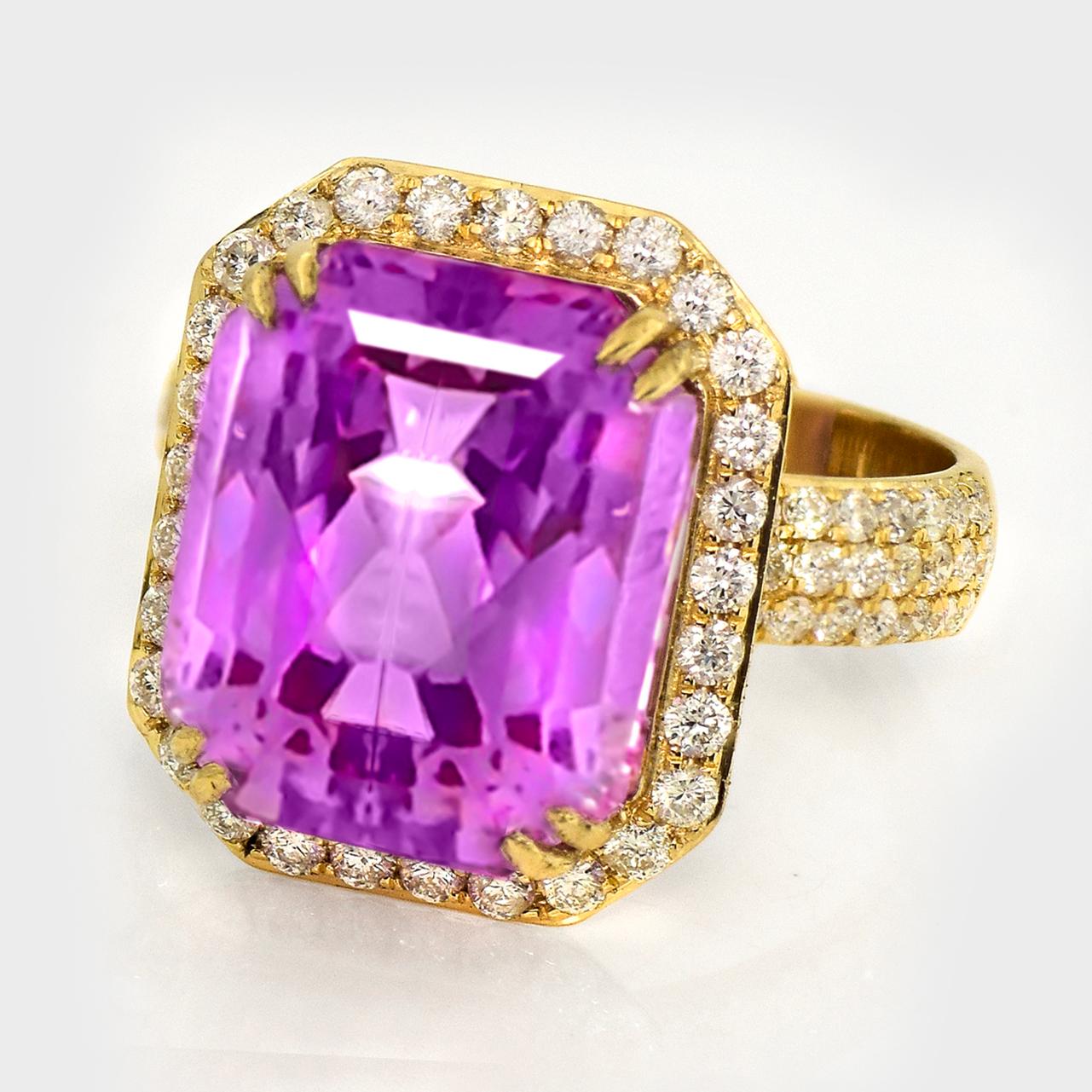 IGI 14K 12,15 ct Kunzita&Diamante Anillo de compromiso Art Decó antiguo Contemporáneo en venta