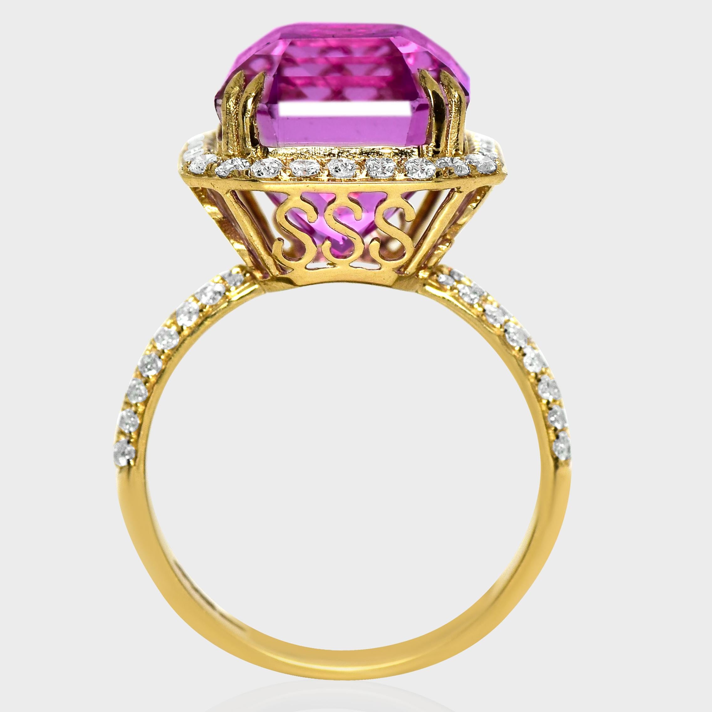 IGI 14K 12,15 ct Kunzita&Diamante Anillo de compromiso Art Decó antiguo Corte esmeralda en venta