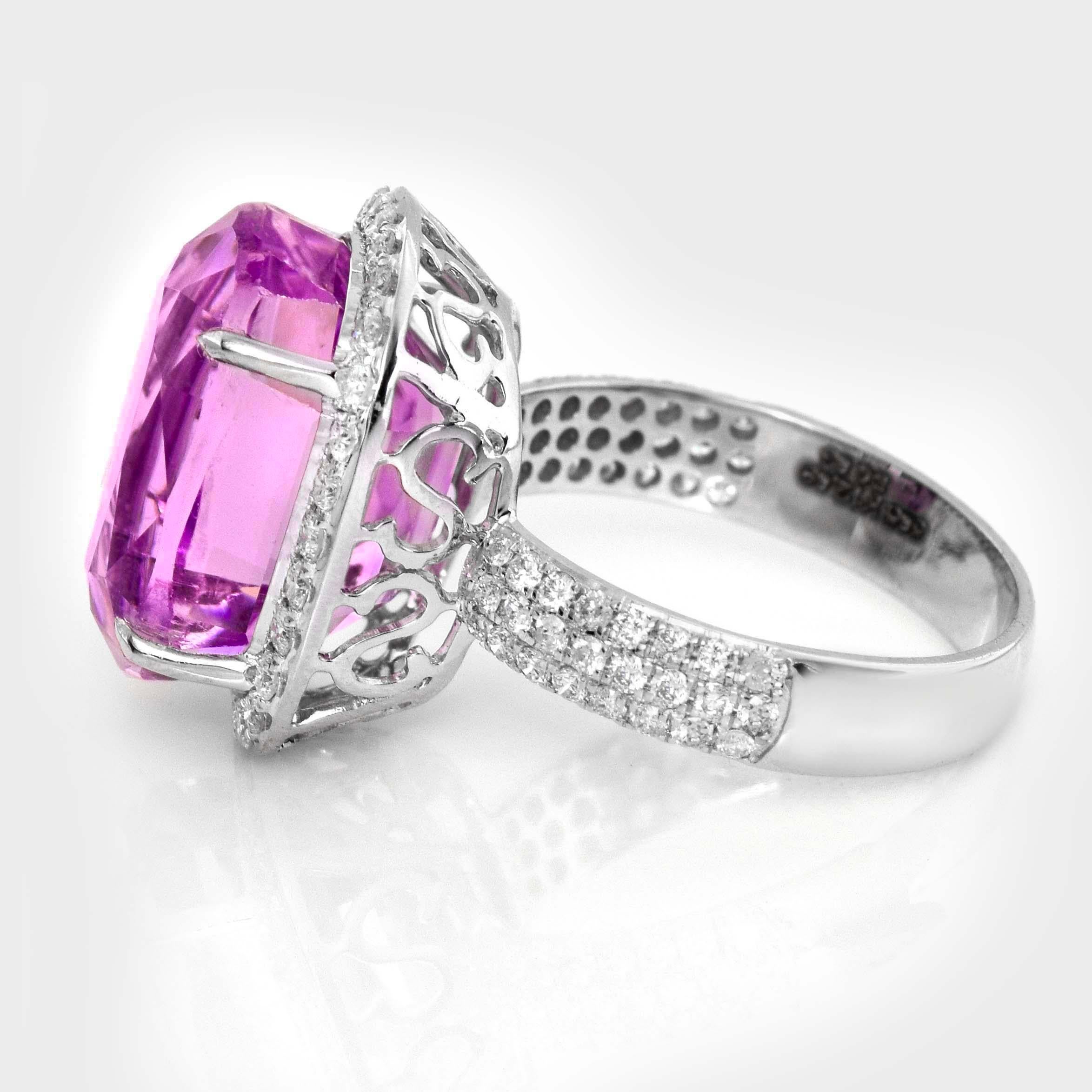 Taglio cuscino Anello di fidanzamento Art Deco 89 IGI 14K 12,89 ct Kunzite e diamanti antichi in vendita