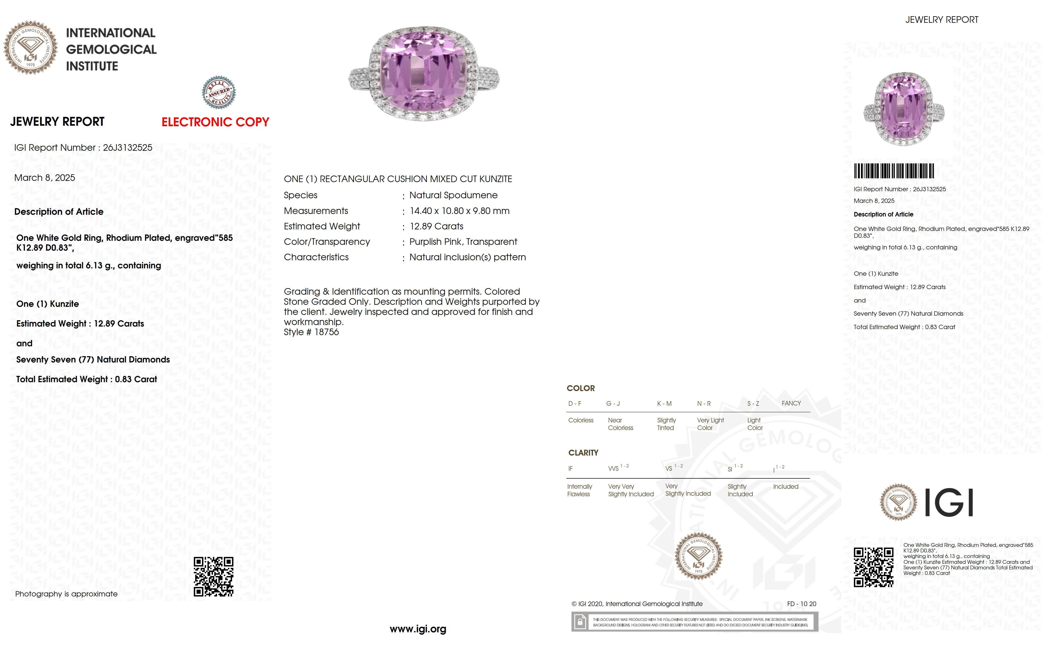 Anello di fidanzamento Art Deco 89 IGI 14K 12,89 ct Kunzite e diamanti antichi in vendita 2