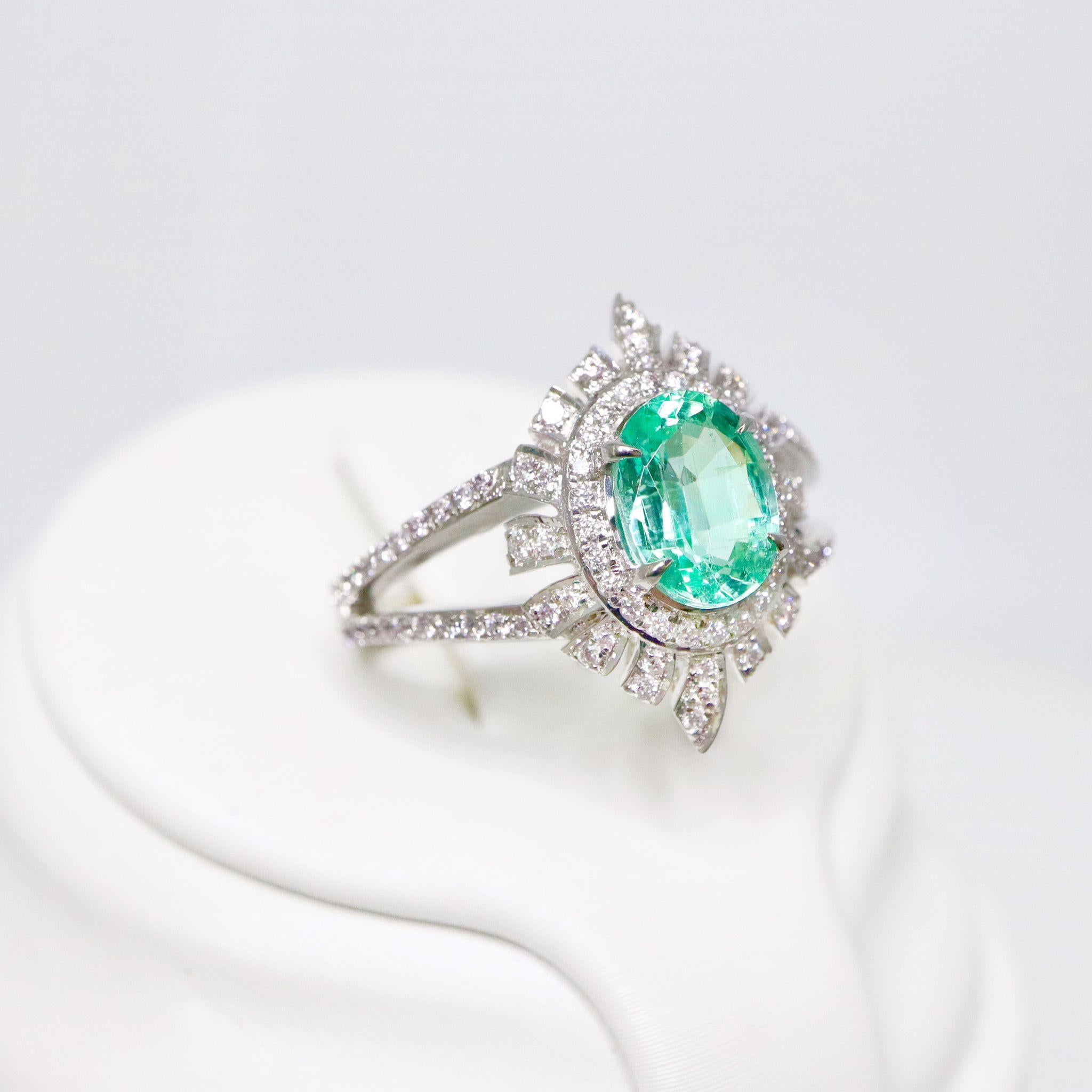 IGI 14K 1.30 Ct Natural Emerald&Pink Diamonds Antique Engagement Ring (Zeitgenössisch) im Angebot