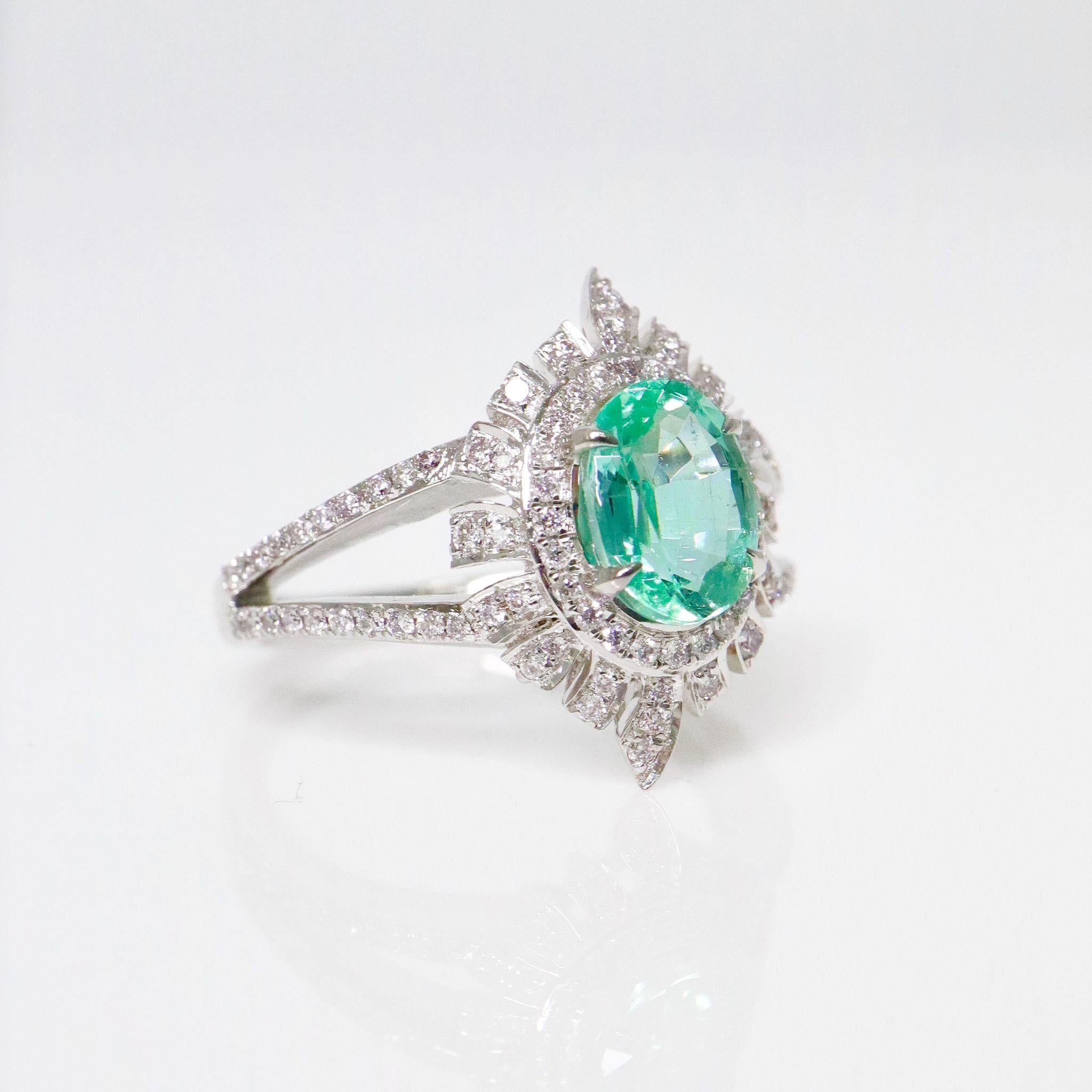 IGI 14K 1.30 Ct Natural Emerald&Pink Diamonds Antique Engagement Ring Damen im Angebot