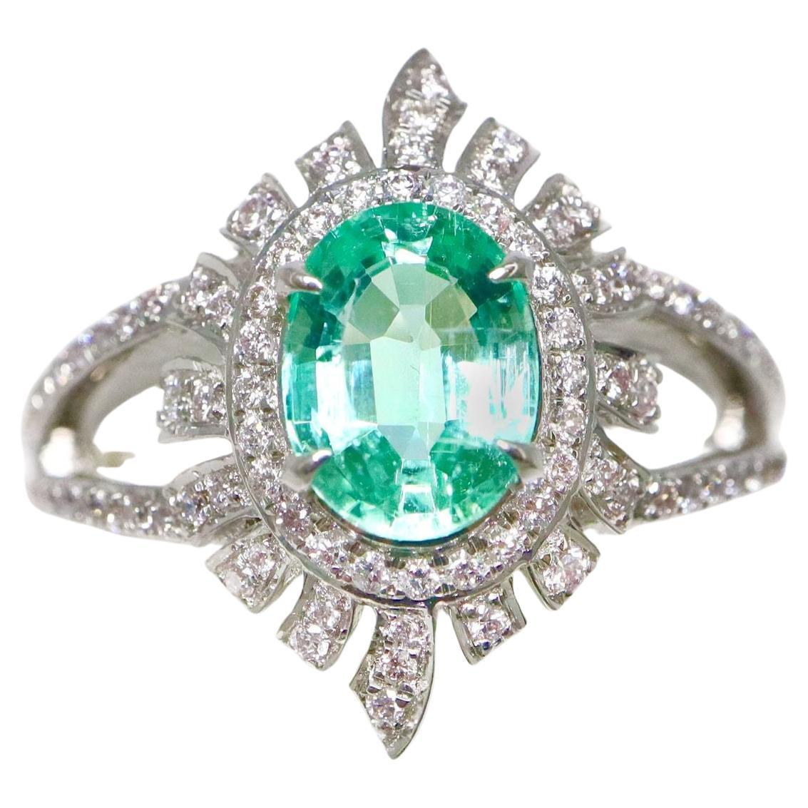 IGI 14K 1.30 Ct Natural Emerald&Pink Diamonds Antique Engagement Ring
