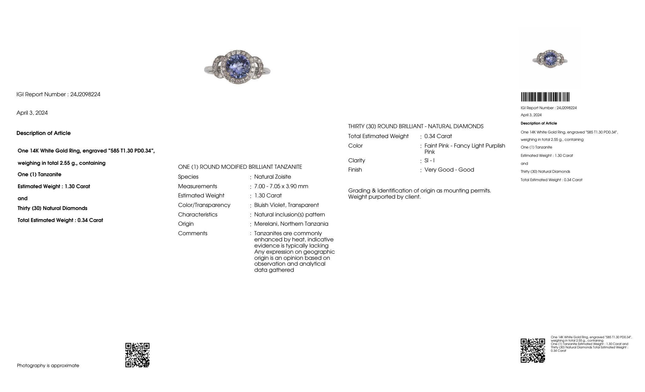 IGI 14K 1.30 ct Tanzanite&Pink Diamond Antique Art Deco Engagement Ring For Sale 2