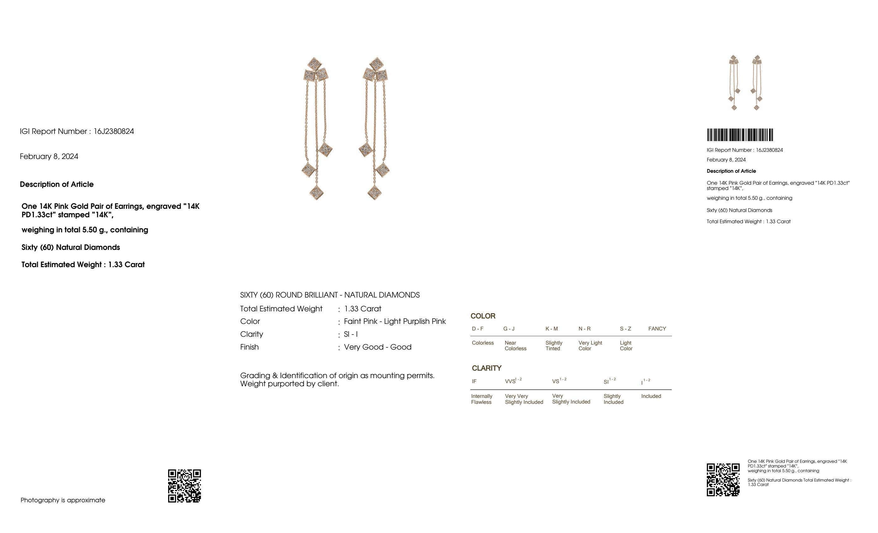 IGI 14K 1.33 ct Natural Pink Diamonds Art Deco Design Stud Earrings For Sale 1