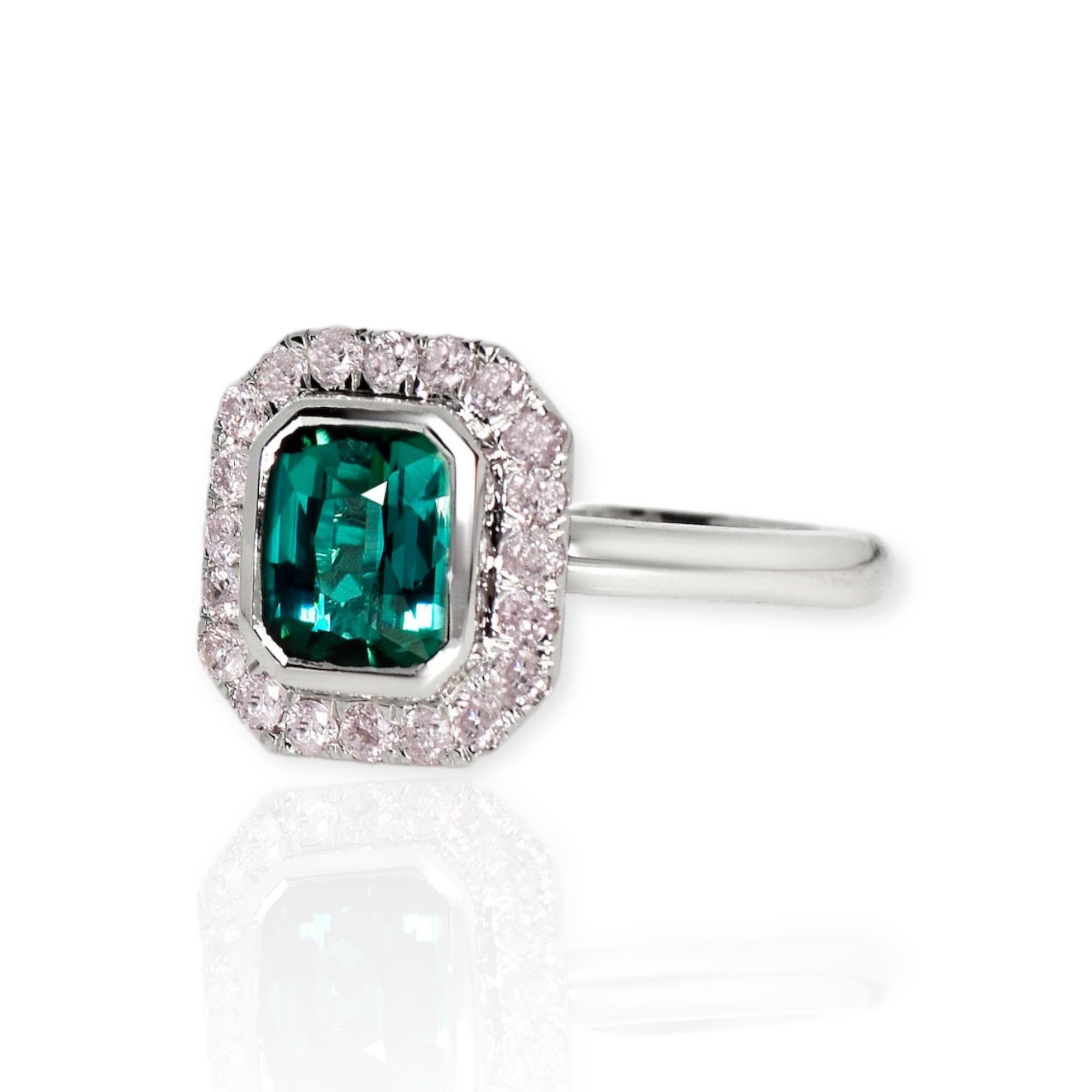 Contemporary IGI 14K 1.34 Natural Tourmaline&Pink Diamonds Antique Engagement Ring For Sale