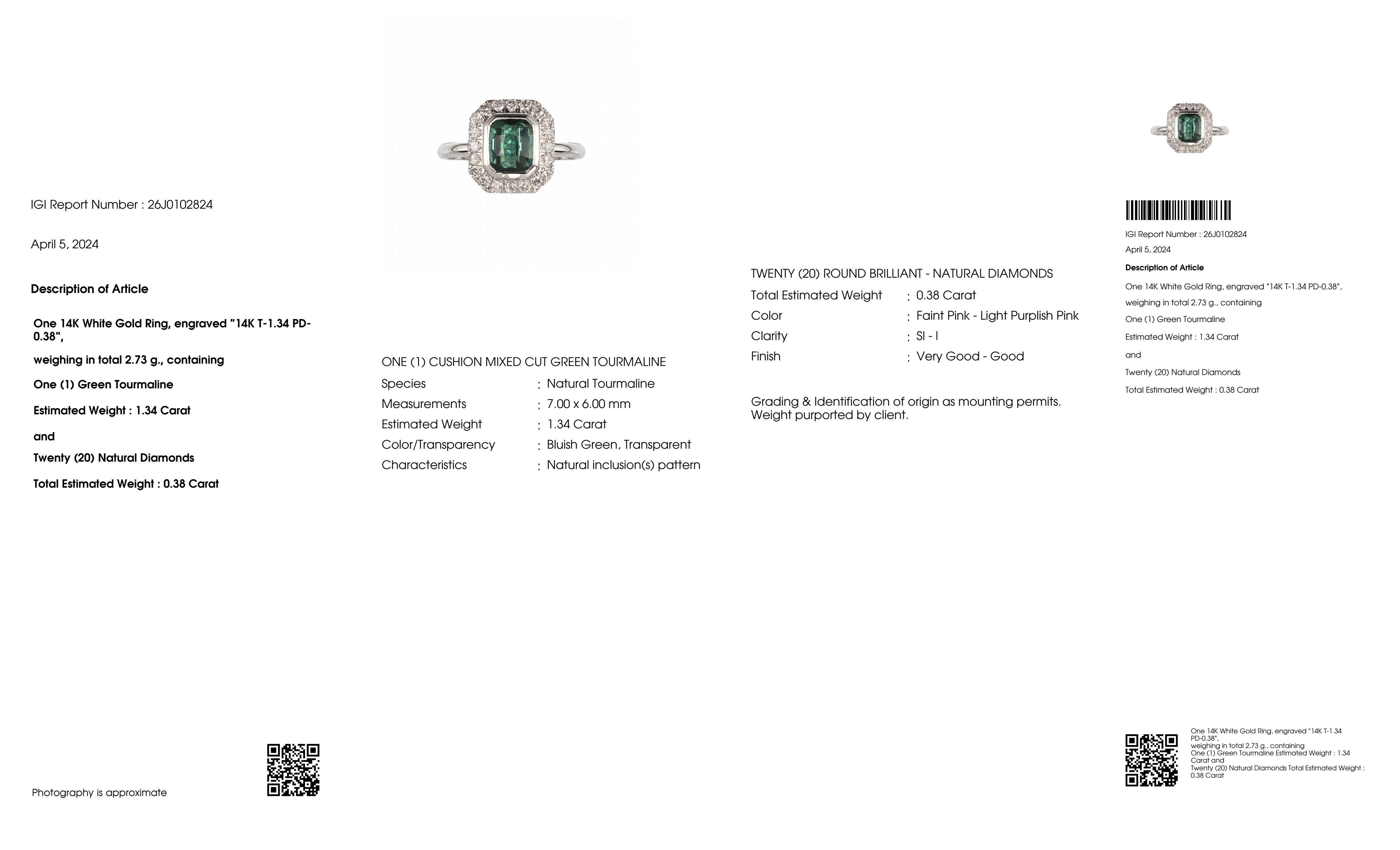 IGI 14K 1.34 Natural Tourmaline&Pink Diamonds Antique Engagement Ring For Sale 2