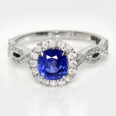 IGI 14K 1.35 Ct Natural Sri Lanka Vivid Blue Sapphire&Diamonds Engagement Ring