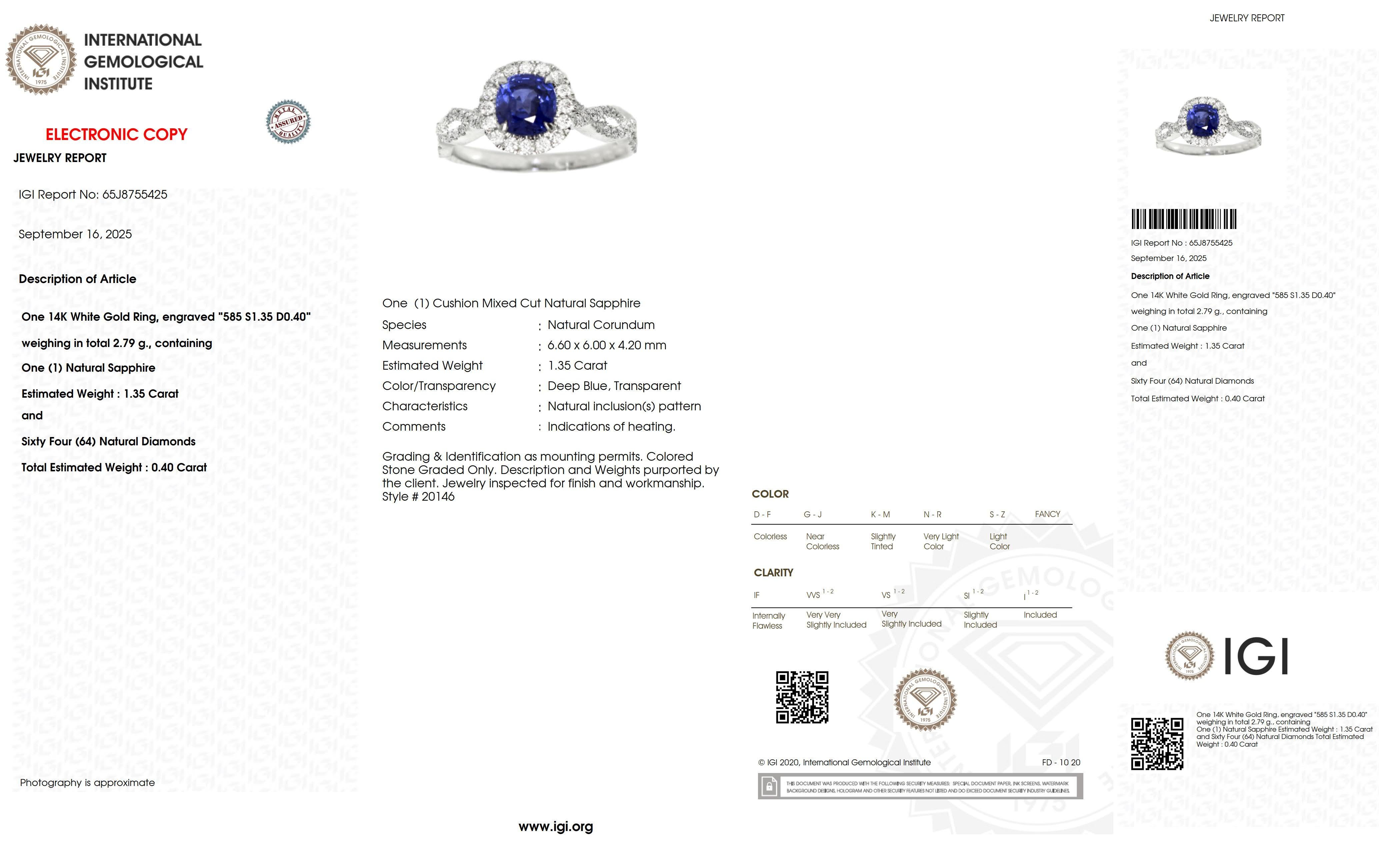 Anello di fidanzamento IGI 14K 1,35 ct naturale Sri Lanka Vivid Diamonds e Zaffiro Blu in vendita 2