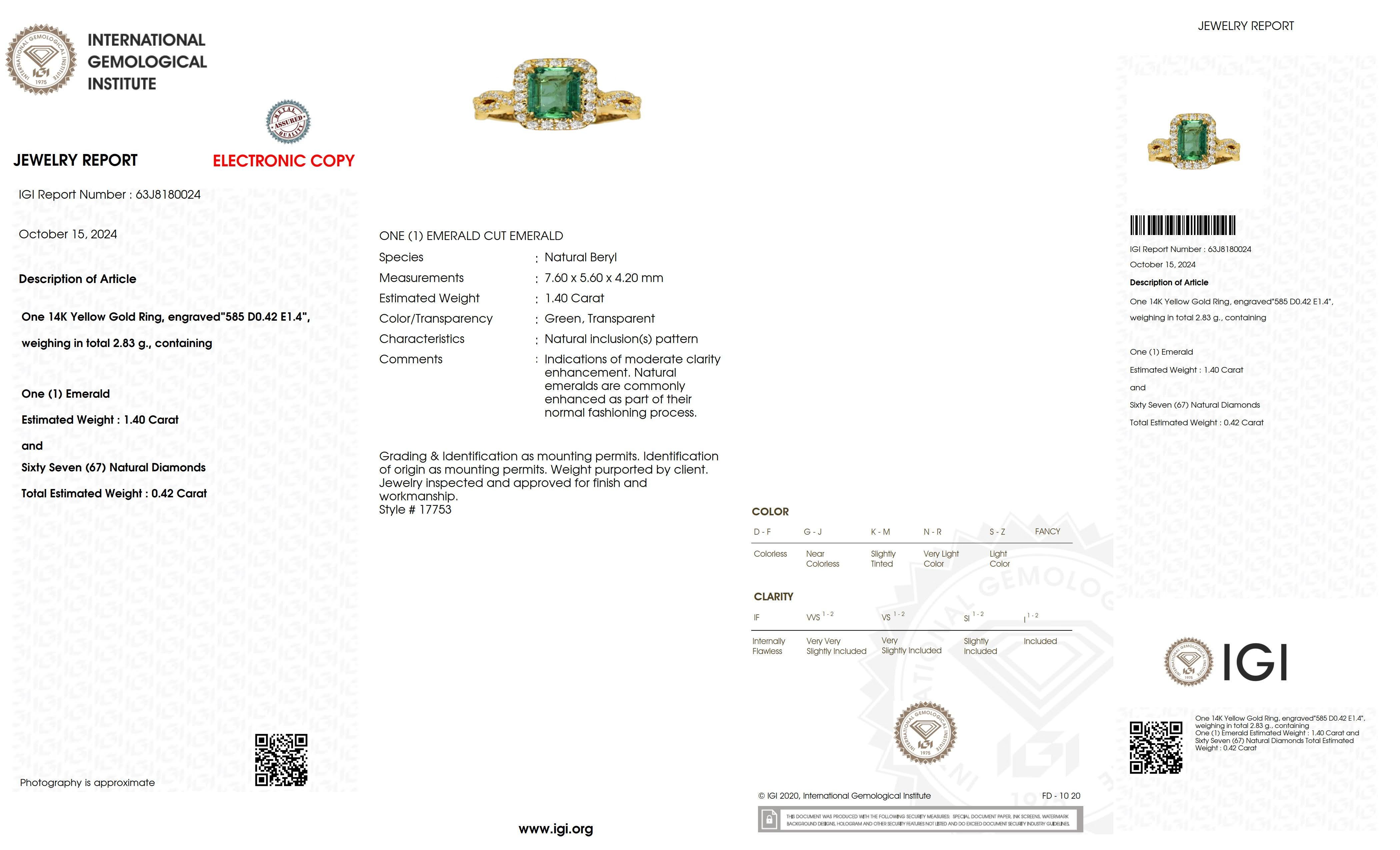Contemporary IGI 14K 1.40 Ct Natural Emerald&Diamonds Antique Engagement Ring For Sale