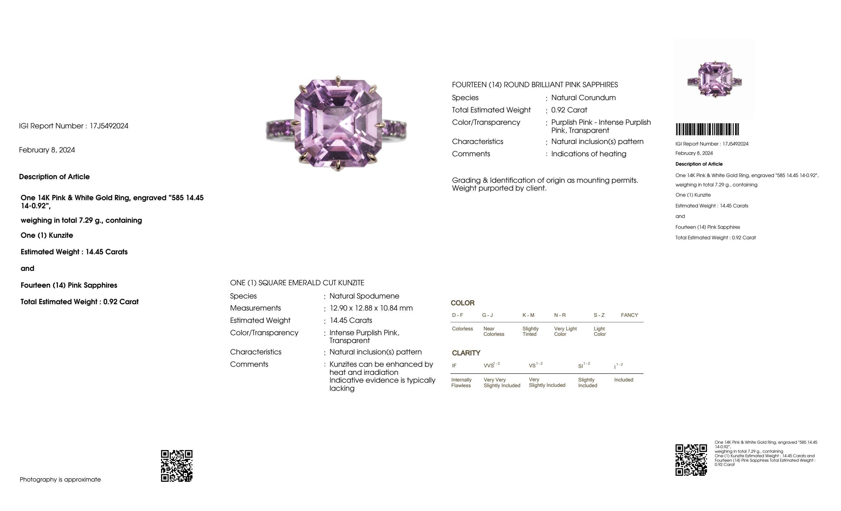 IGI 14K 14.45 Ct Kunzite&Pink Sapphires Antique Art Deco Style Engagement Ring 3