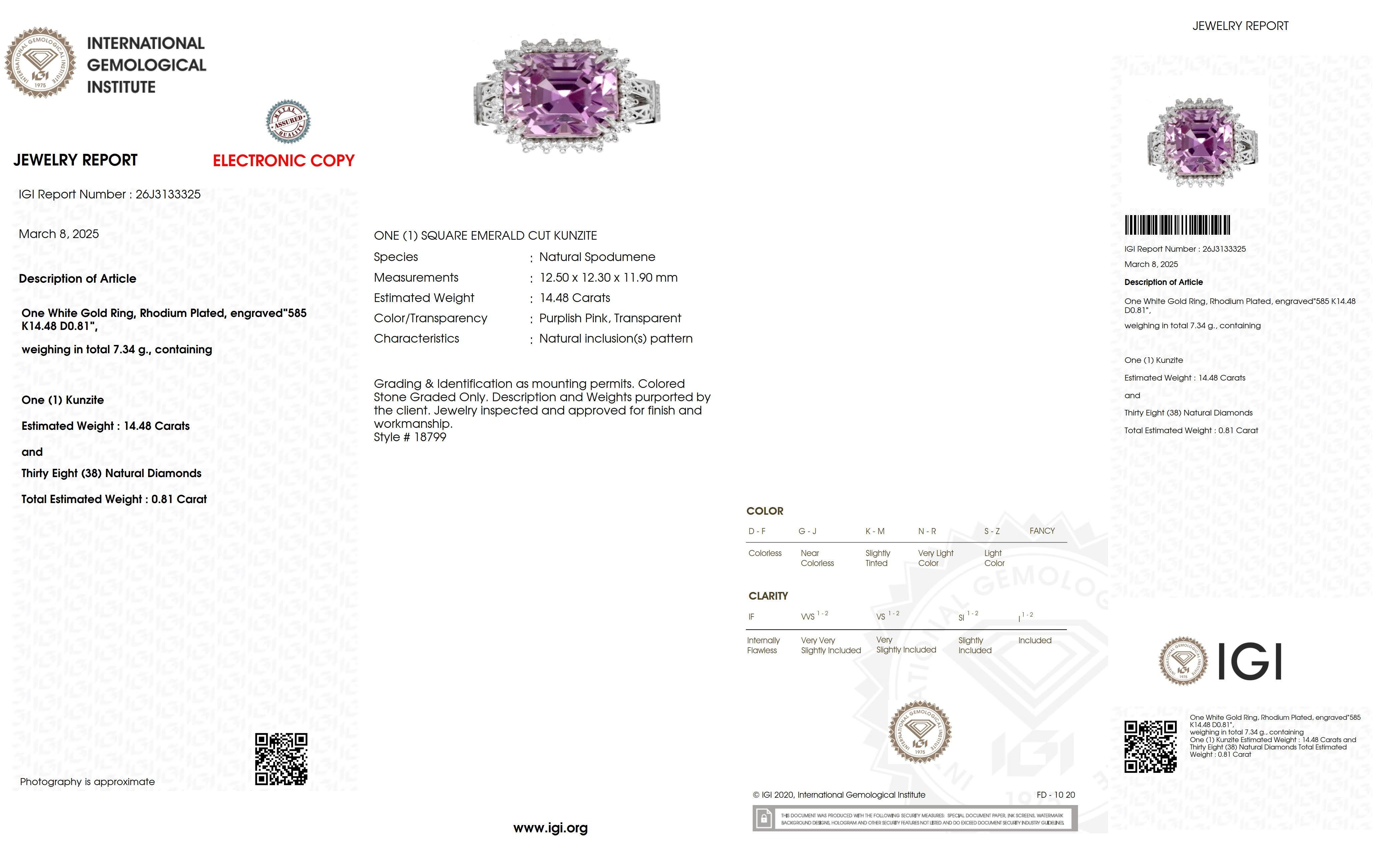 Anello di fidanzamento IGI 14K 14,48 ct Kunzite&Diamante Arte Antiques in vendita 2
