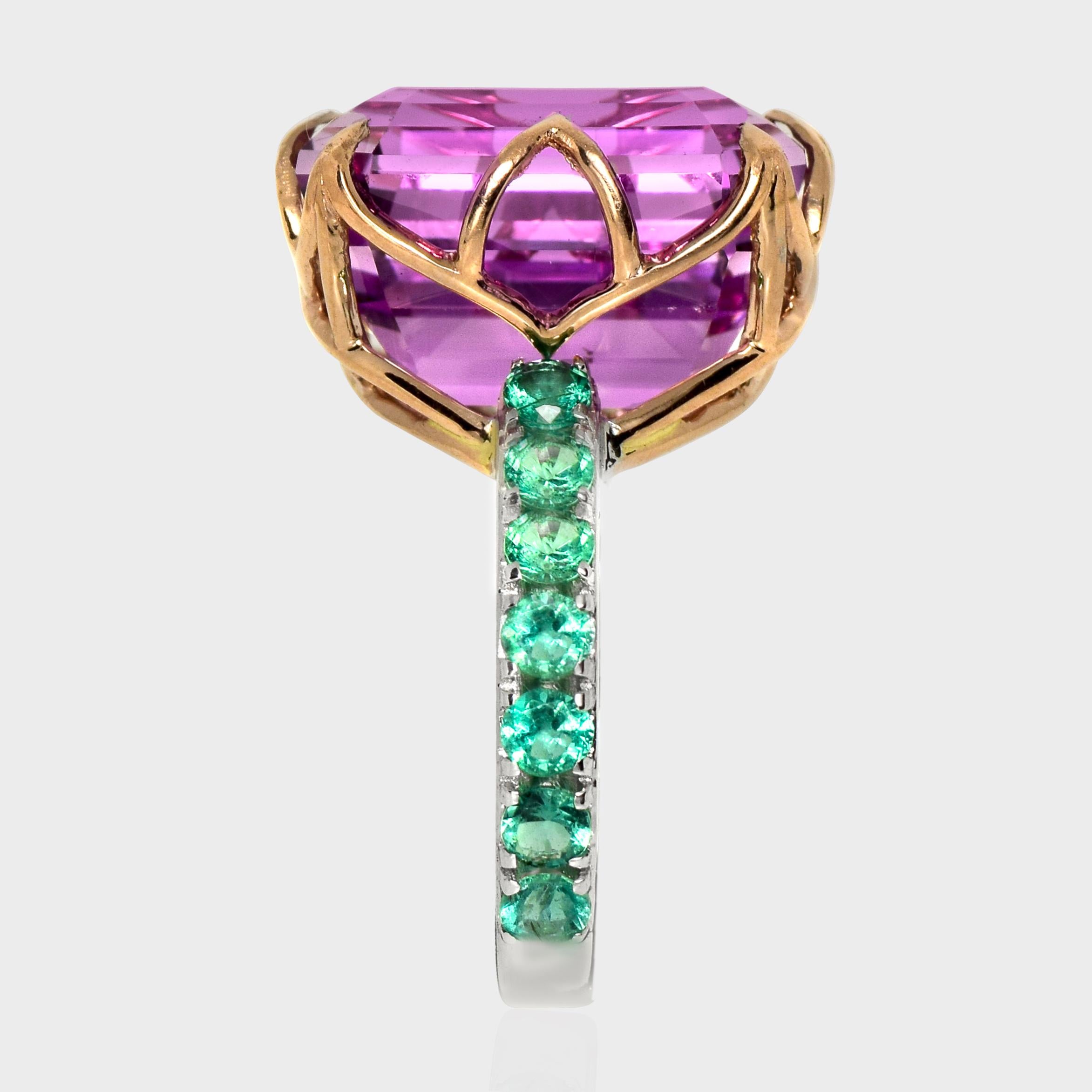 IGI 14K 14,61 ct Rosa Kunzita&Emeraldas Anillo de Cóctel Art Decó en Nuevo estado para la venta en Kaohsiung City, TW