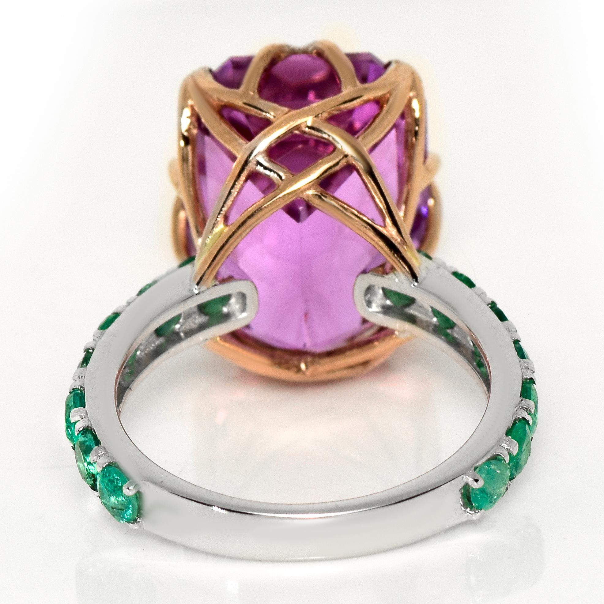 IGI 14K 14,61 ct Rosa Kunzita&Emeraldas Anillo de Cóctel Art Decó en venta 1