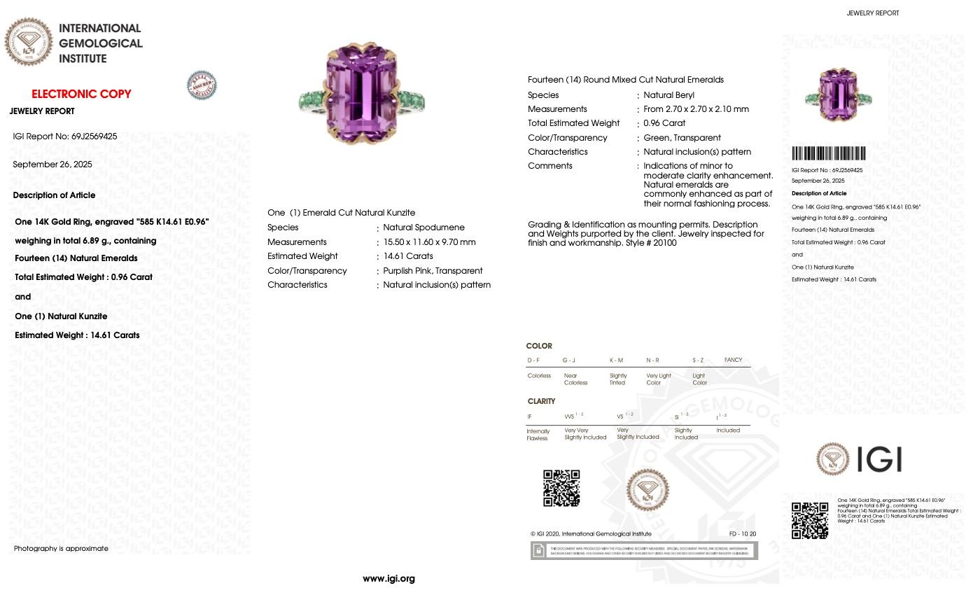 IGI 14K 14,61 ct Rosa Kunzita&Emeraldas Anillo de Cóctel Art Decó en venta 2