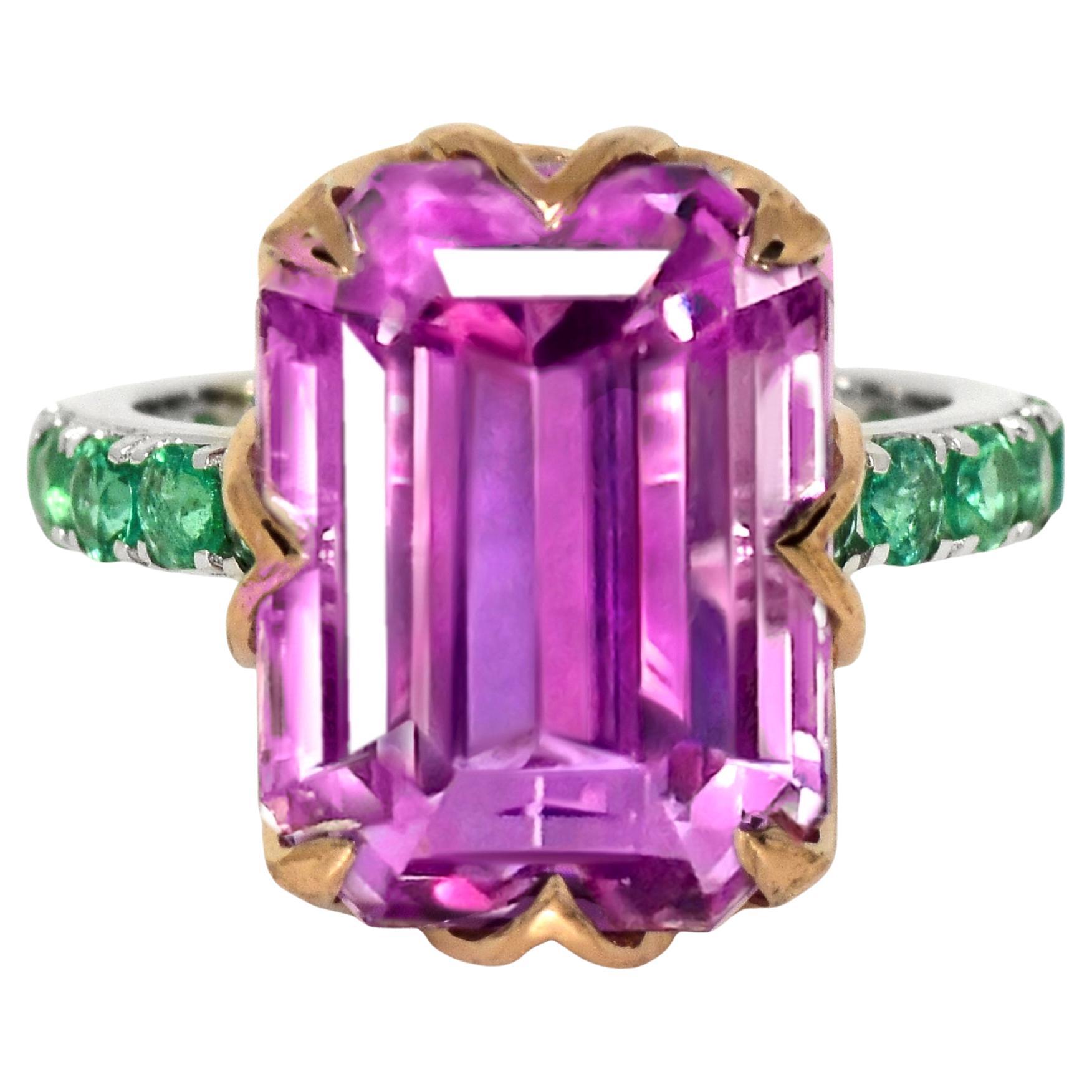 IGI 14K 14,61 kt Rosa Kunzit&Smaragde Art Deco Cocktail Ring