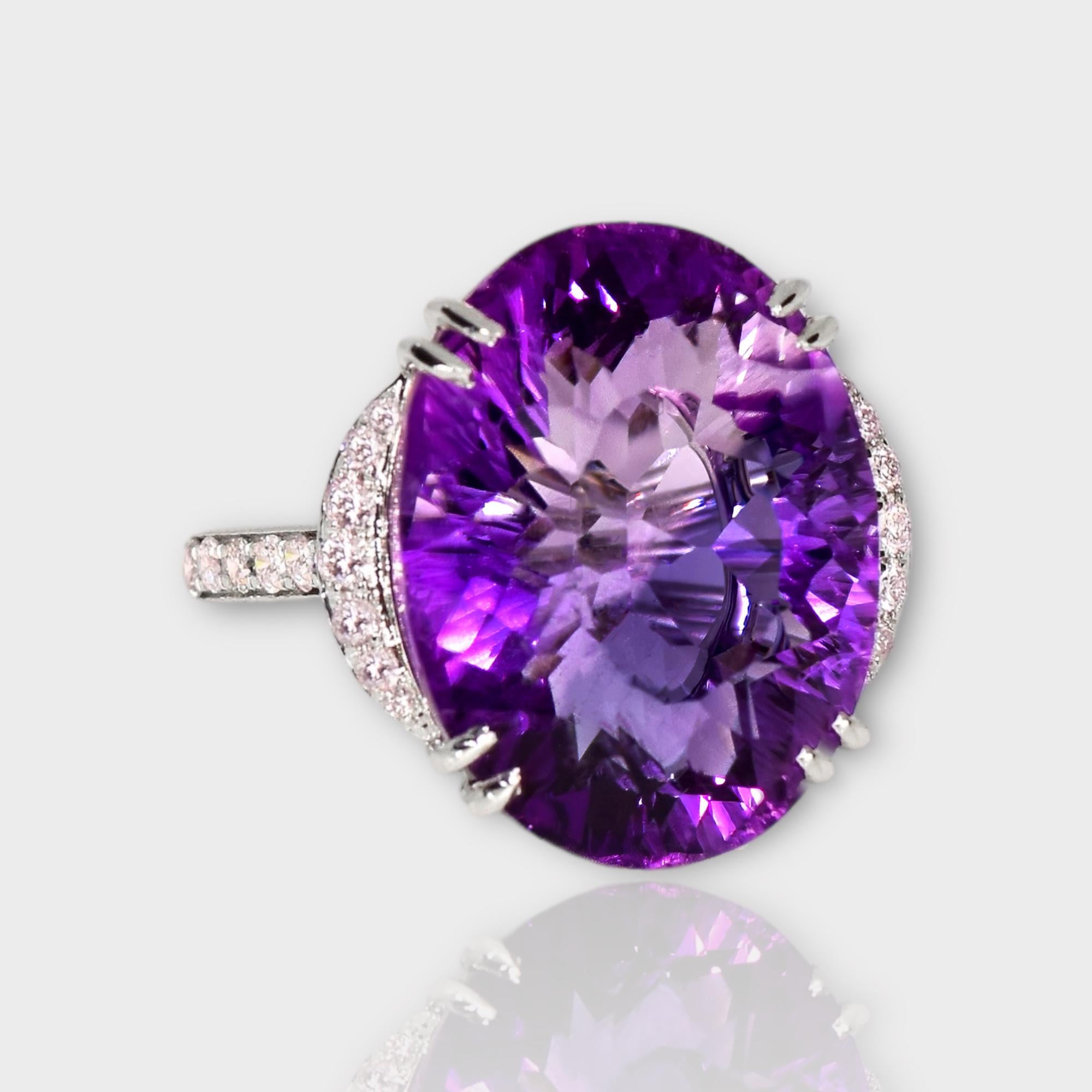 Oval Cut IGI 15.44 Ct 14K White Gold Amethyst&0.41 Ct Pink Diamond Engagement Ring