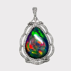 IGI 14K 15.58 ct  Natural Color Play Black Opal Diamonds Pendant Necklace