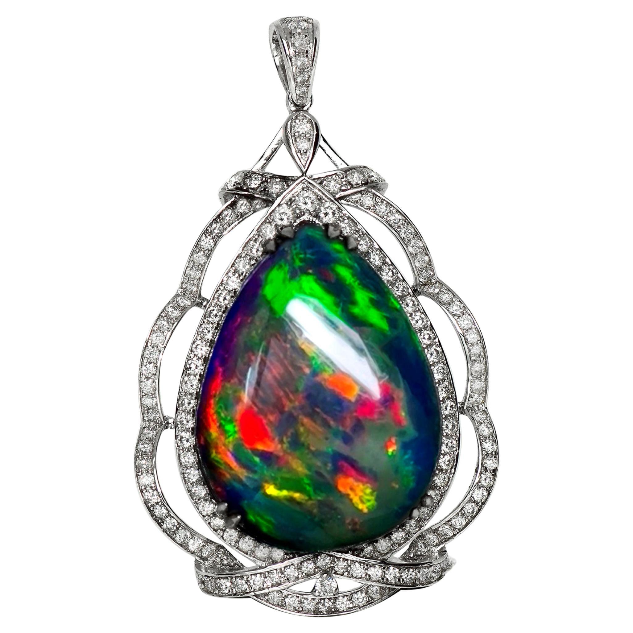 IGI 14K 15.58 ct Natural Color Play Black Opal Diamonds Pendant Necklace