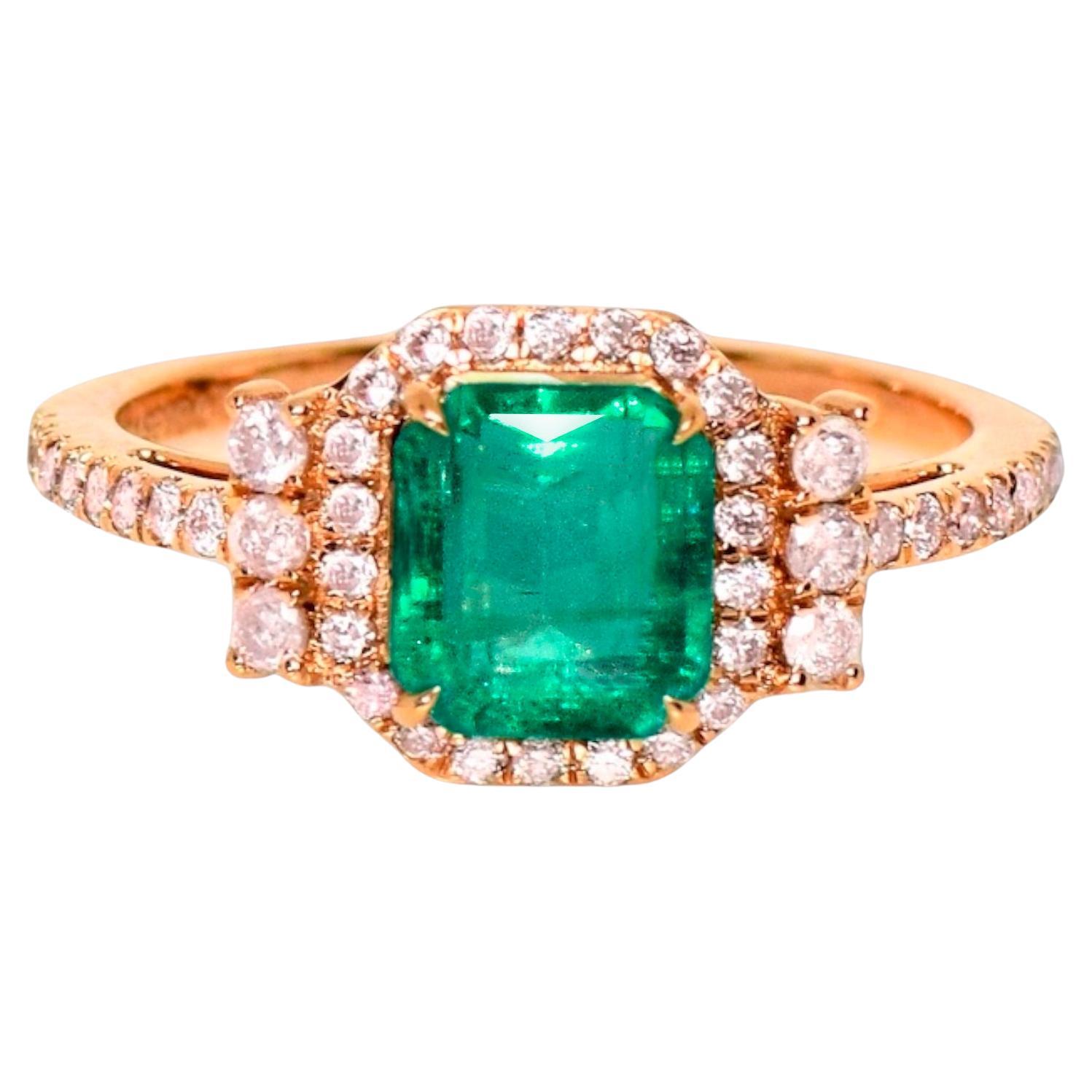 IGI 14K 1.56 Ct Emerald&Pink Diamonds Antique Art Deco Style Engagement Ring
