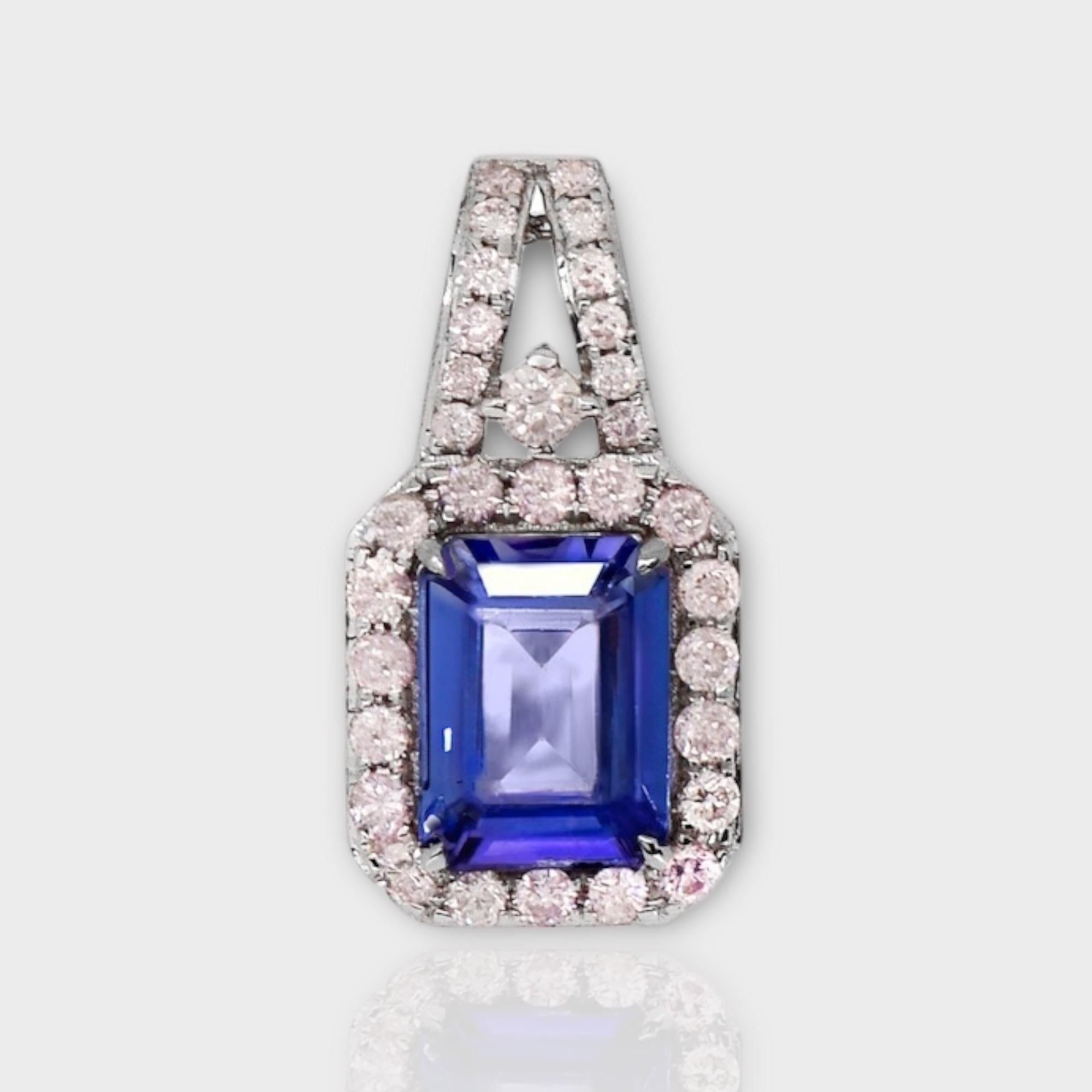 Emerald Cut IGI 14K 1.57 ct Tanzanite&Pink Diamond Antique Pendant Necklace For Sale