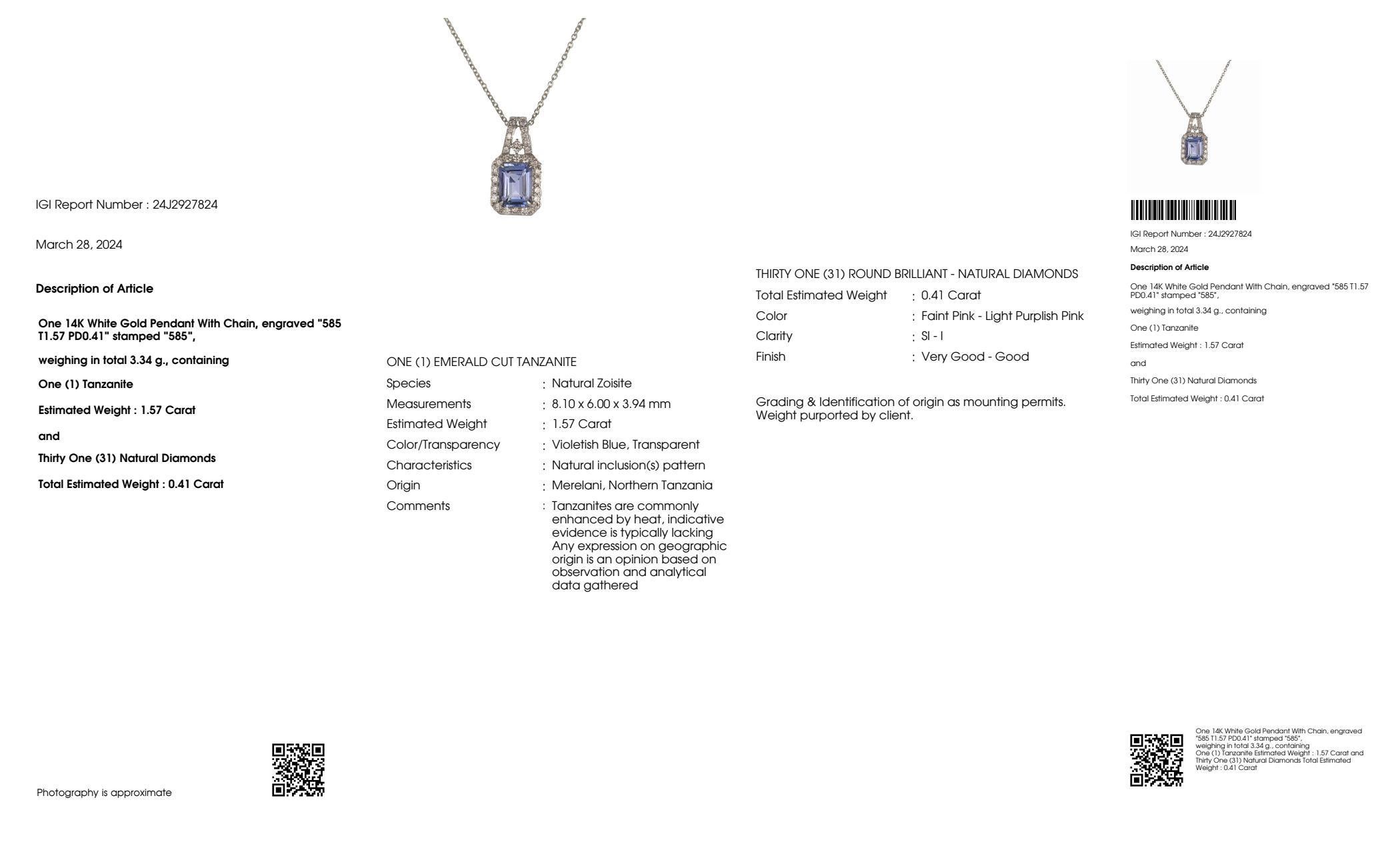 IGI 14K 1.57 ct Tanzanite&Pink Diamond Antique Pendant Necklace For Sale 2