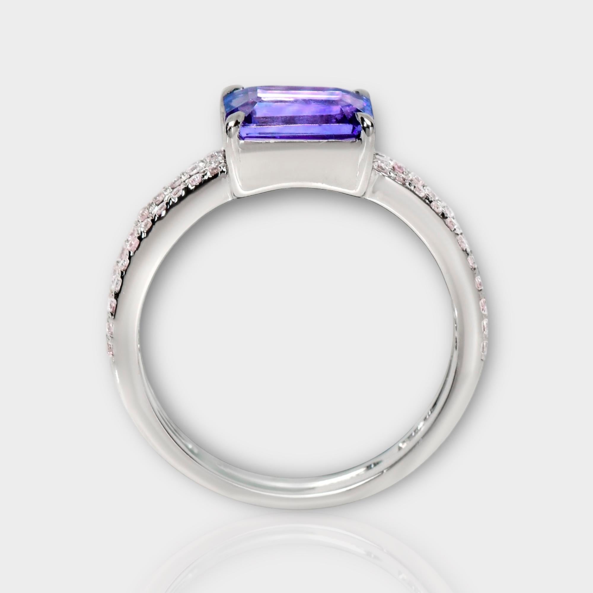 Emerald Cut IGI 14K 1.58 ct Tanzanite&Pink Diamond Antique Art Deco Engagement Ring For Sale