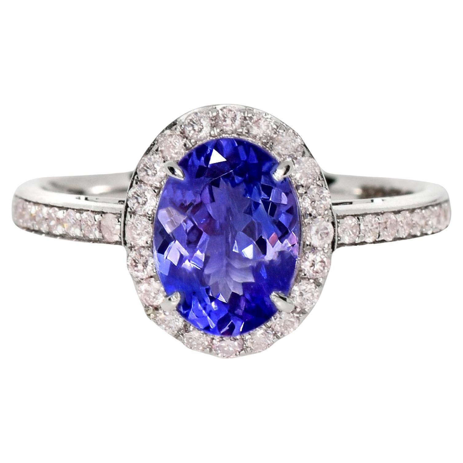 Bague de fiançailles IGI 14K 1.60 ct Tanzanite&Diamant rose Antique Art Deco