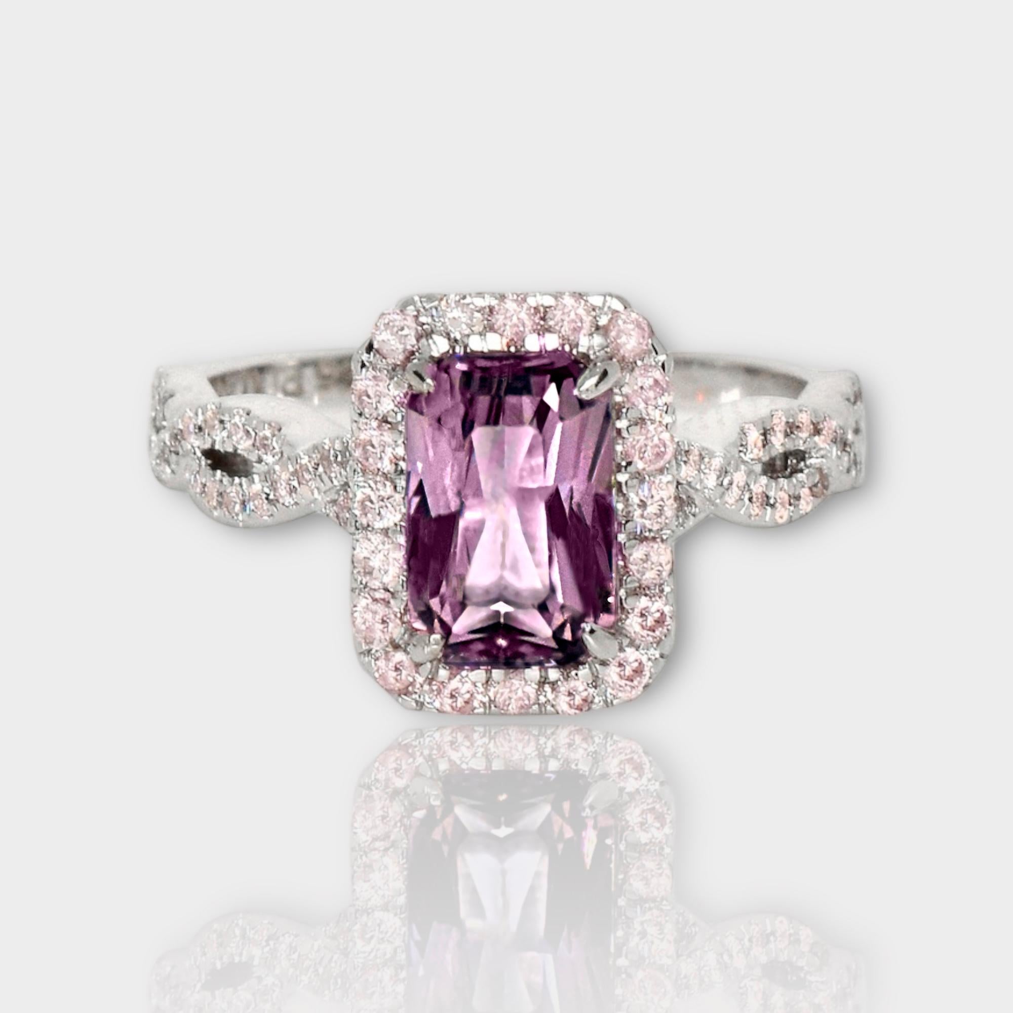 *IGI 14K 1.65 Ct Purple Spinel&Pink Diamonds Antique Engagement Ring*

IGI-certified natural untreated purple spinel weighing 1.65 ct set on 14K white gold pave' design band with natural pink diamonds weighing 0.45 ct.  

The ring combines fashion