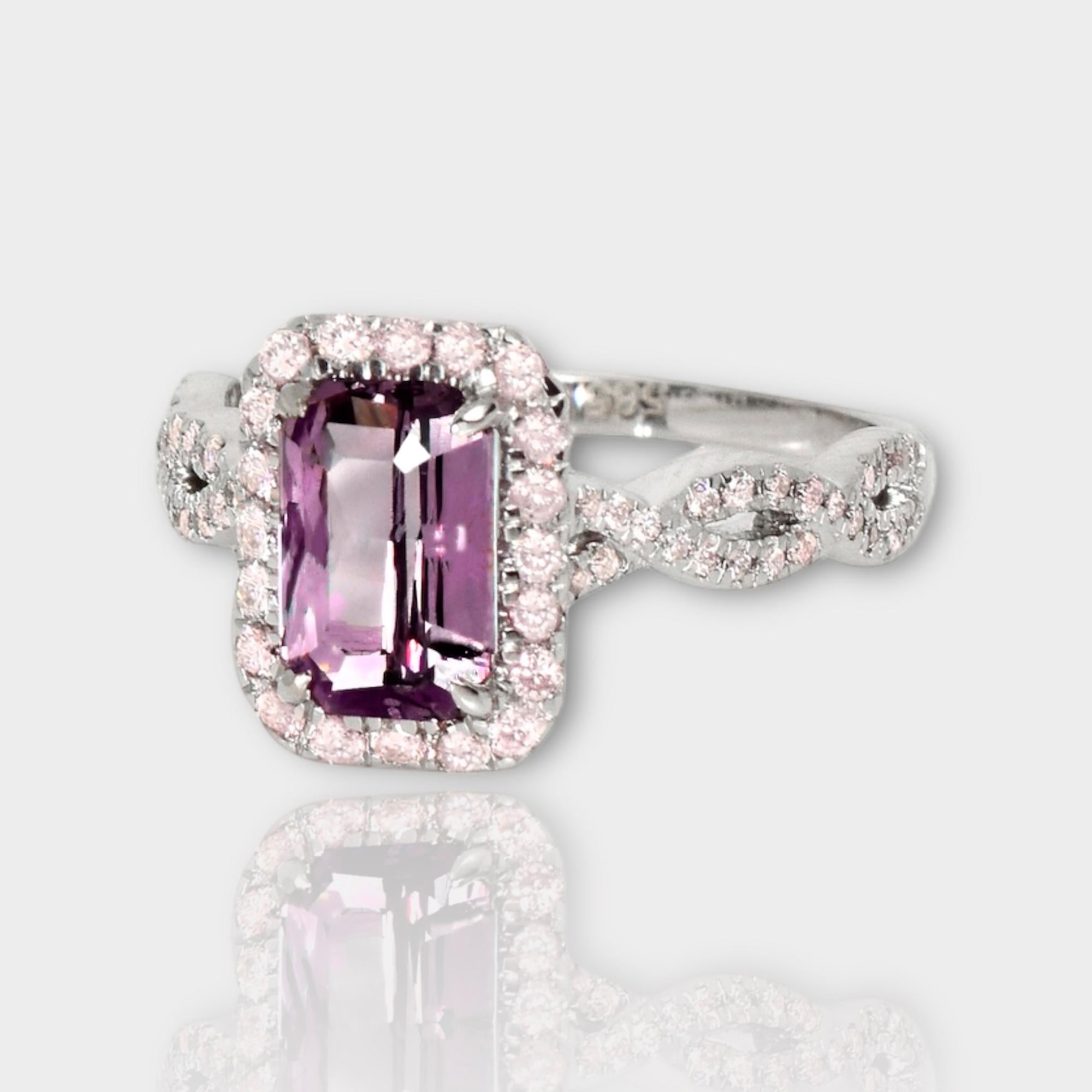 Octagon Cut IGI 14K 1.65 Ct Purple Spinel&Pink Diamonds Antique Engagement Ring For Sale
