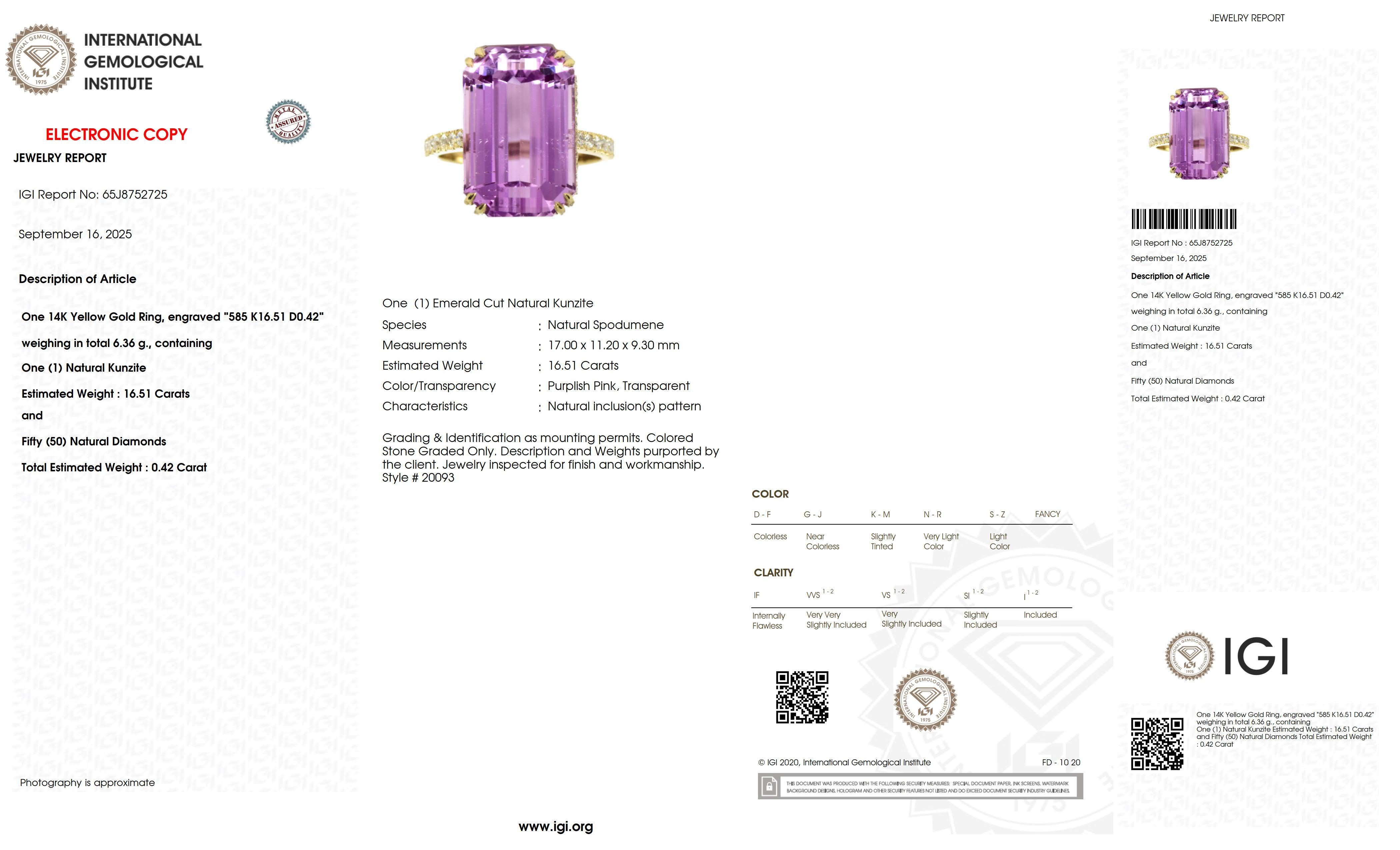 IGI 14K 16,51 ct Kunzita&Diamante Anillo de compromiso Art Decó antiguo en venta 2