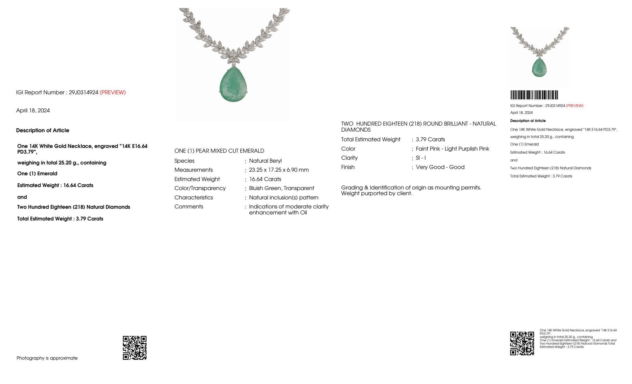 IGI 14k 16.64ct Natural Emerald&Pink Diamond Antique Art Deco Pendant Necklace For Sale 2