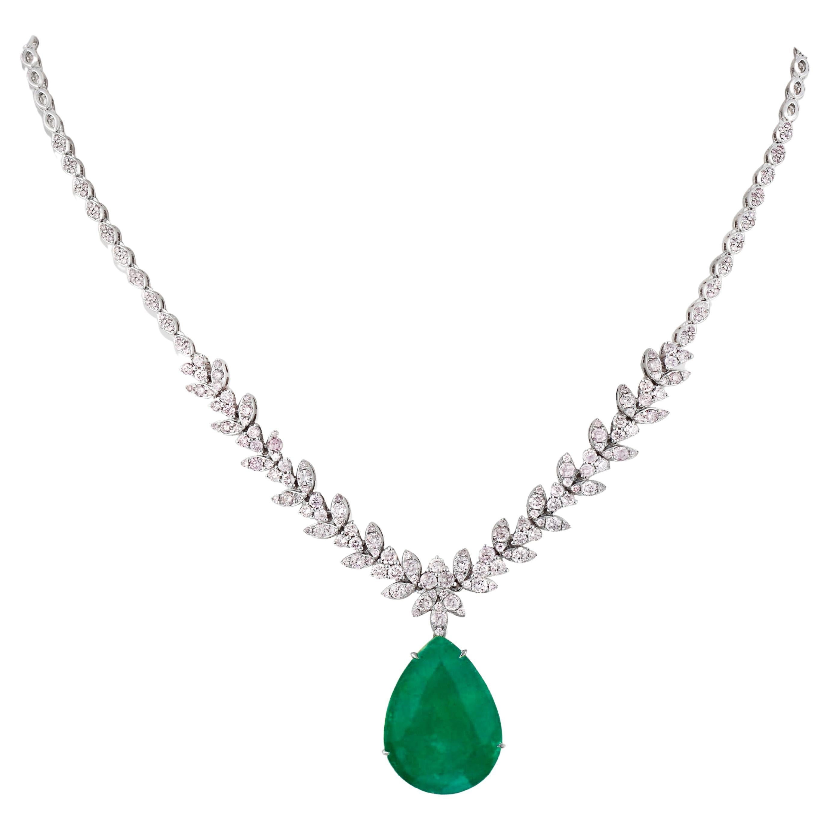 IGI 14k 16.64ct Natural Emerald&Pink Diamond Antique Art Deco Pendant Necklace For Sale
