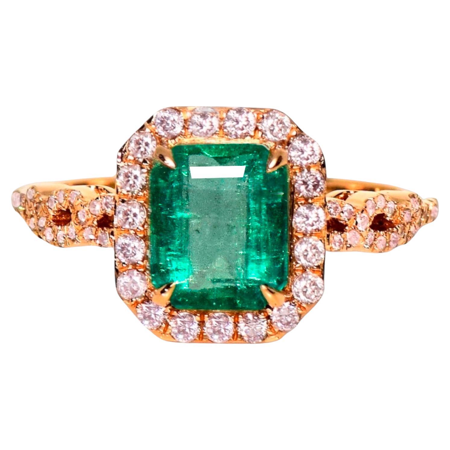 IGI 14K 1.72 Ct Emerald&Pink Diamonds Antique Art Deco Style Engagement Ring