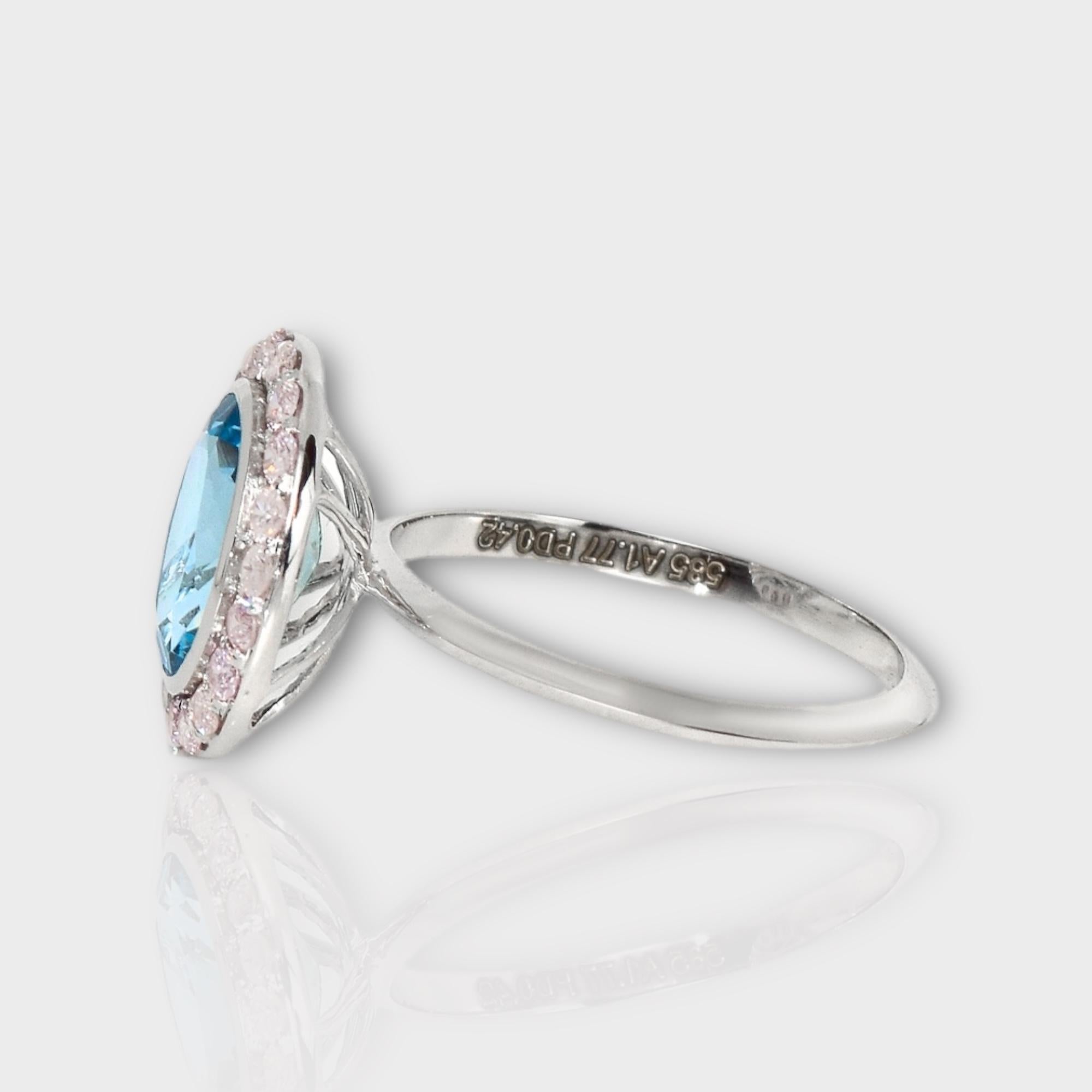 Women's IGI 14K 1.77 Ct Aquamarine&Pink Diamonds Antique Art Deco Style Engagement Ring For Sale