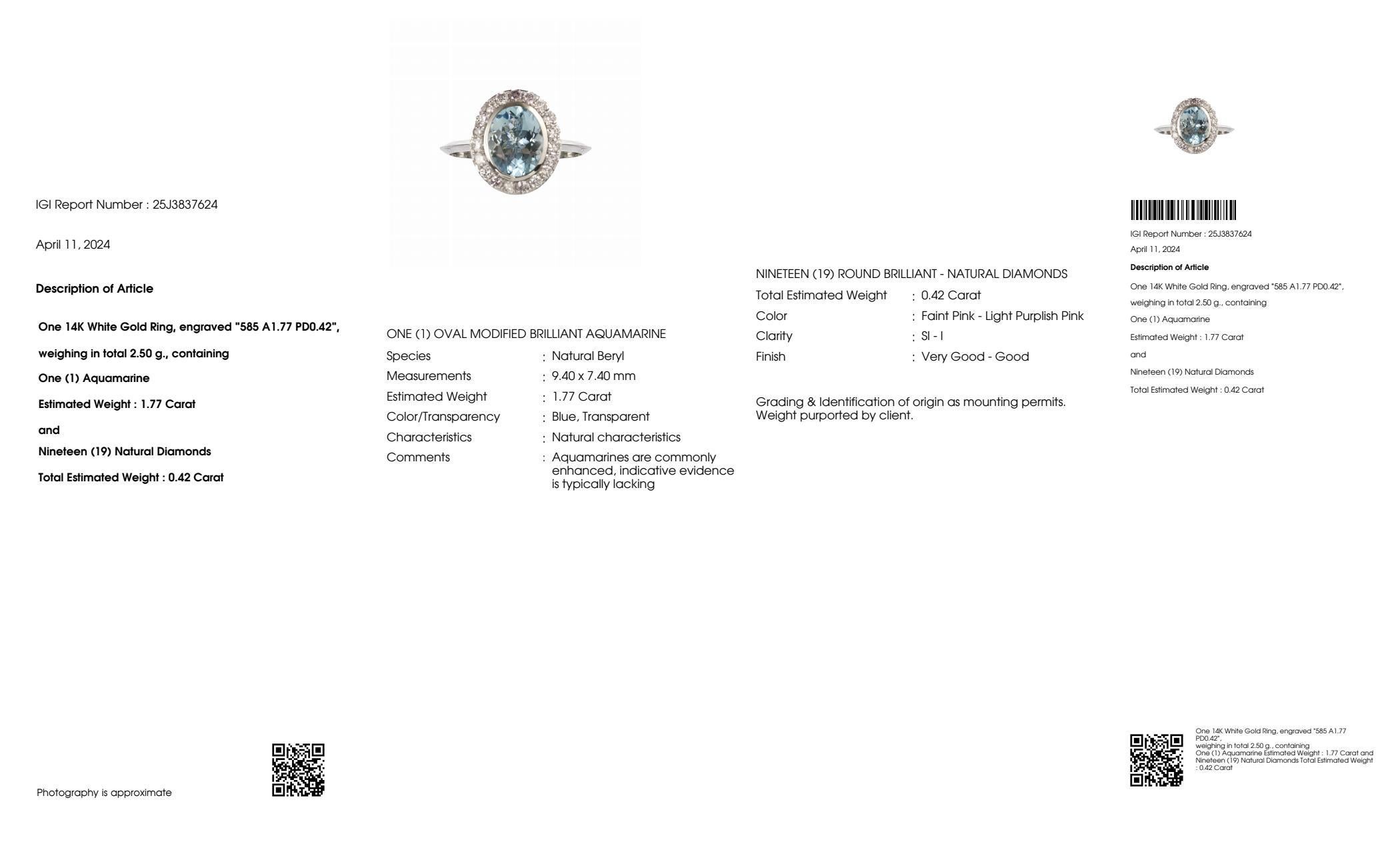 IGI 14K 1,77 Karat Aquamarin&Rosa Diamanten Antiker Verlobungsring im Art-déco-Stil im Angebot 2