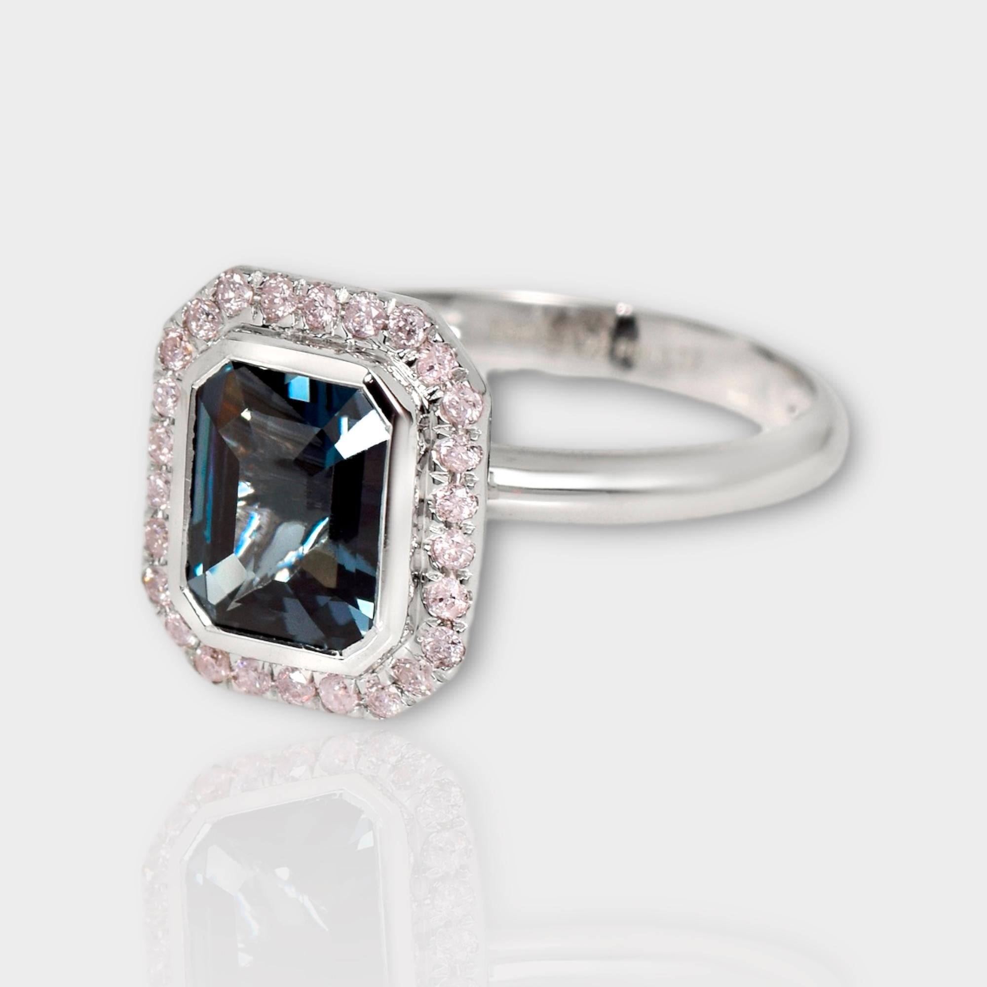 Emerald Cut IGI 14K 1.78 Ct Blue Spinel&Pink Diamonds Antique Engagement Ring For Sale
