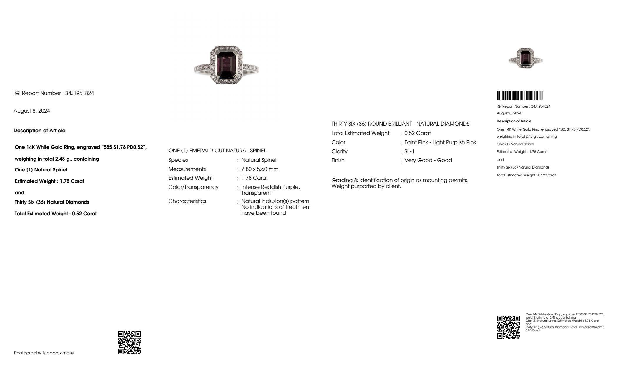 Contemporary IGI 14K 1.78 Ct Intense Purple Spinel&Pink Diamonds Antique Engagement Ring For Sale