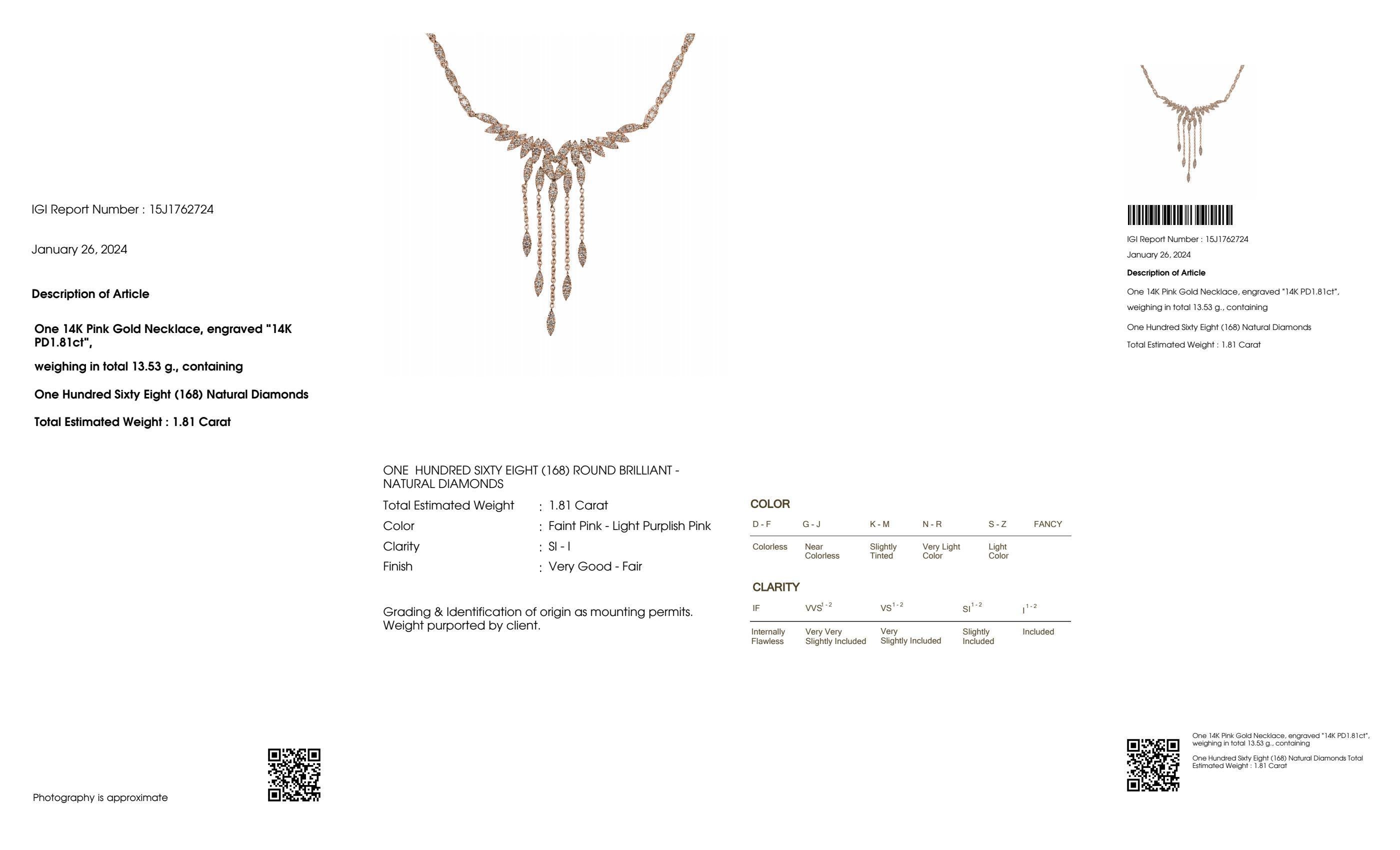 IGI 14K 1.81 ct Natural Pink Diamonds  Art Deco Design Necklace For Sale 2