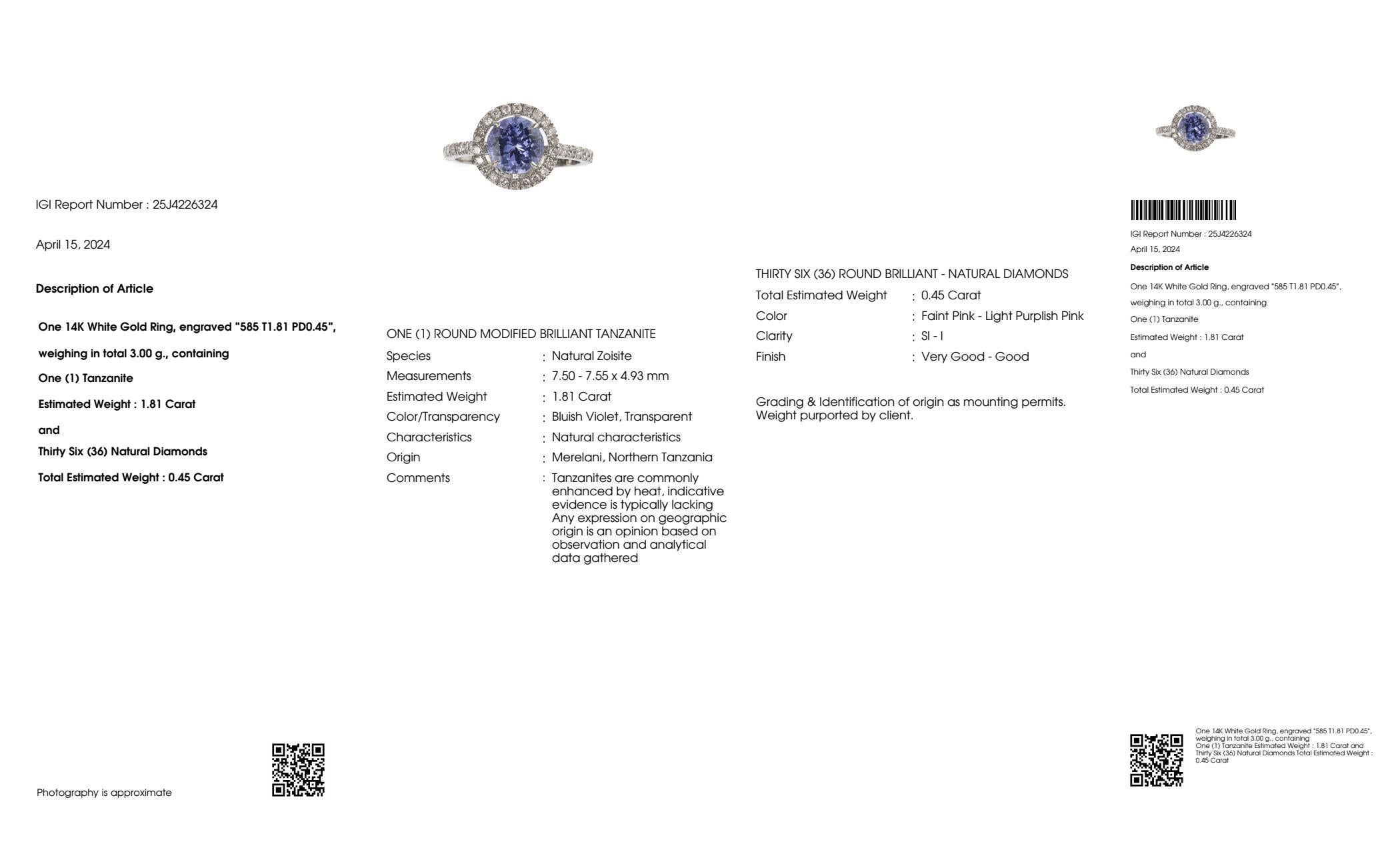 Bague de fiançailles IGI 14K 1.81 ct Tanzanite&Diamant rose Antique Art Deco en vente 2