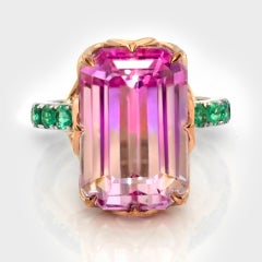 IGI 14K 18.18 ct Dual-Color Kunzite&Emeralds Art Deco Cocktail Ring