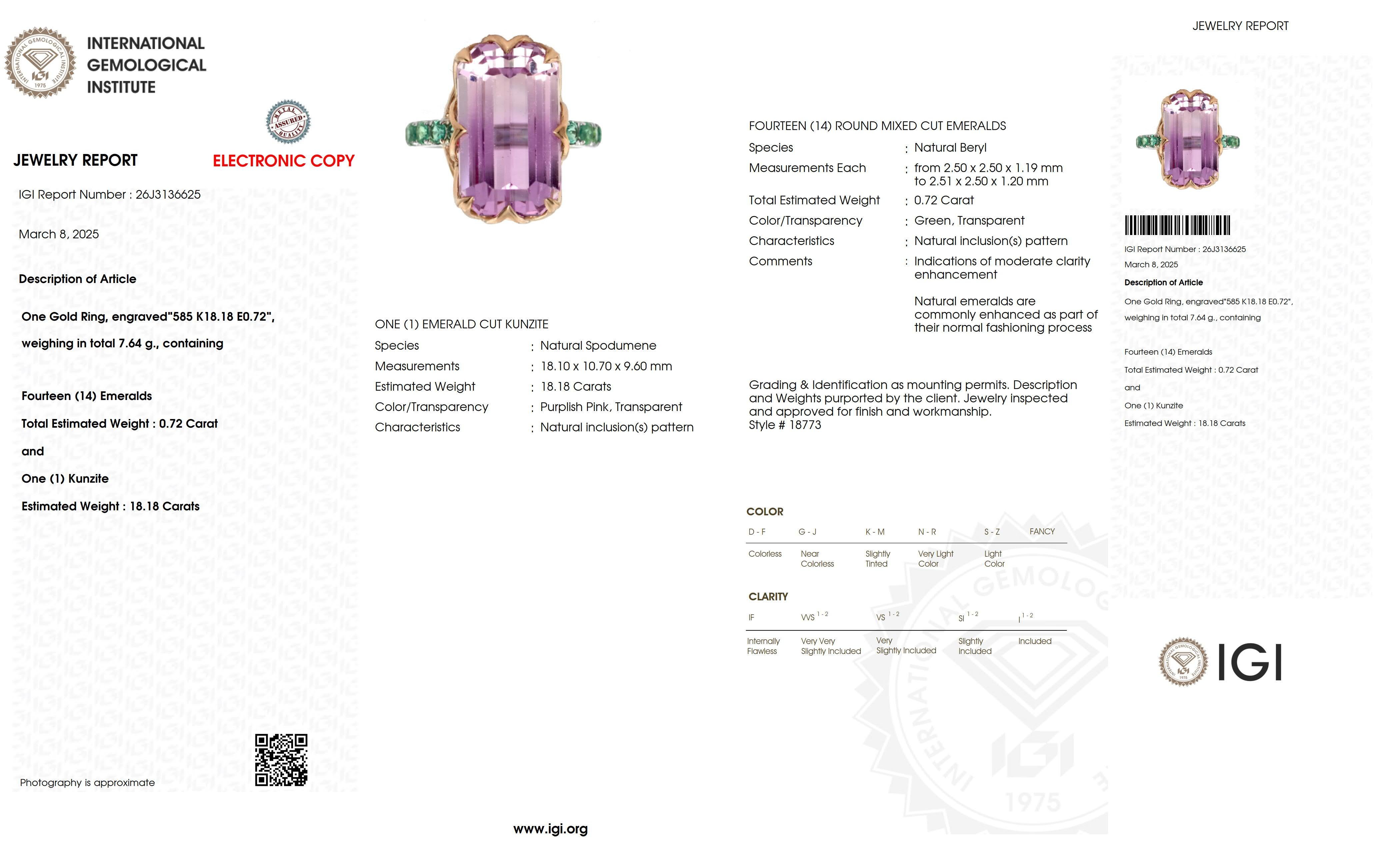 IGI 14K 18.18 ct Dual-Color Kunzite&Emeralds Art Deco Cocktail Ring For Sale 2