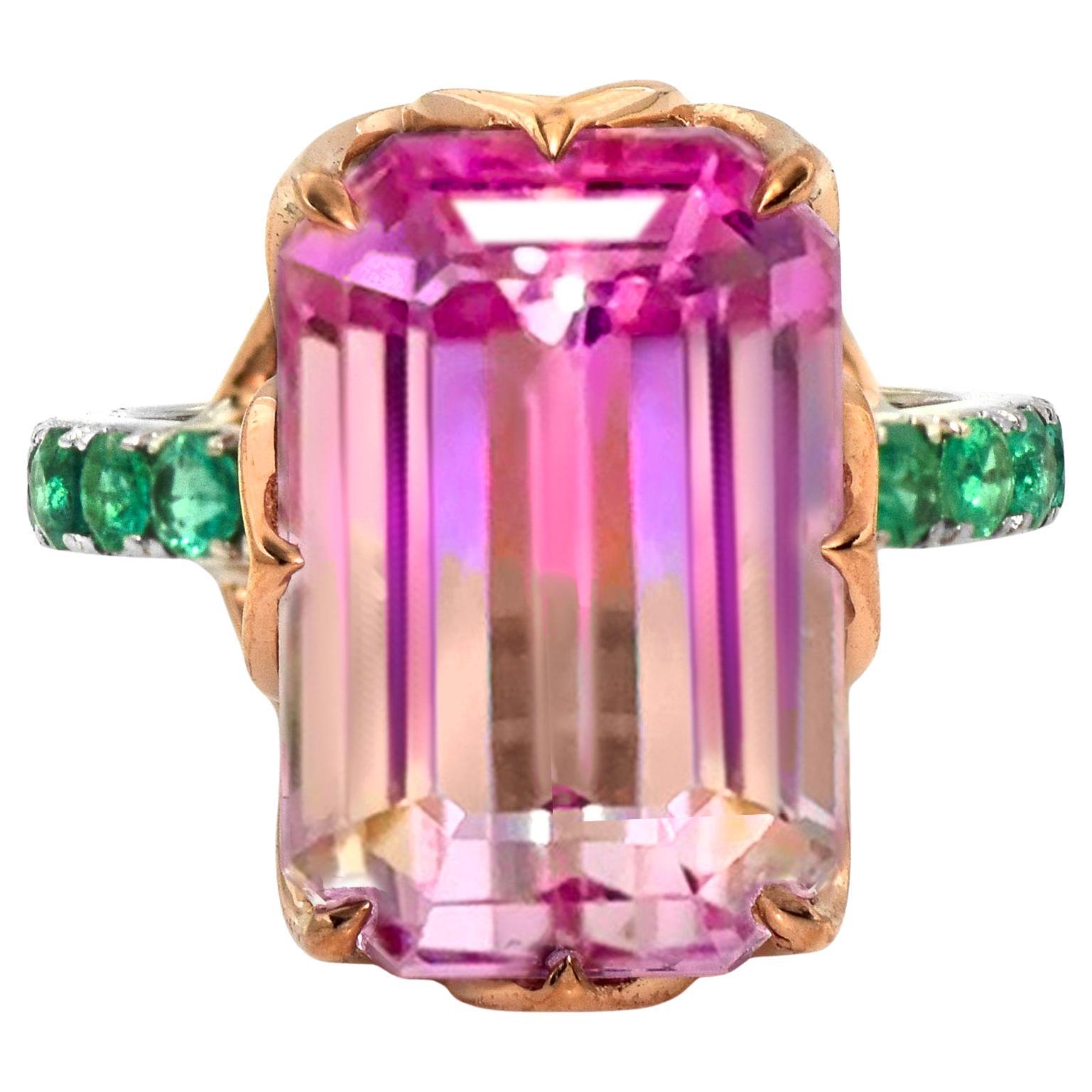 Anello Cocktail Art Deco IGI 14K 18,18 ct Kunzite e smeraldi a doppio colore