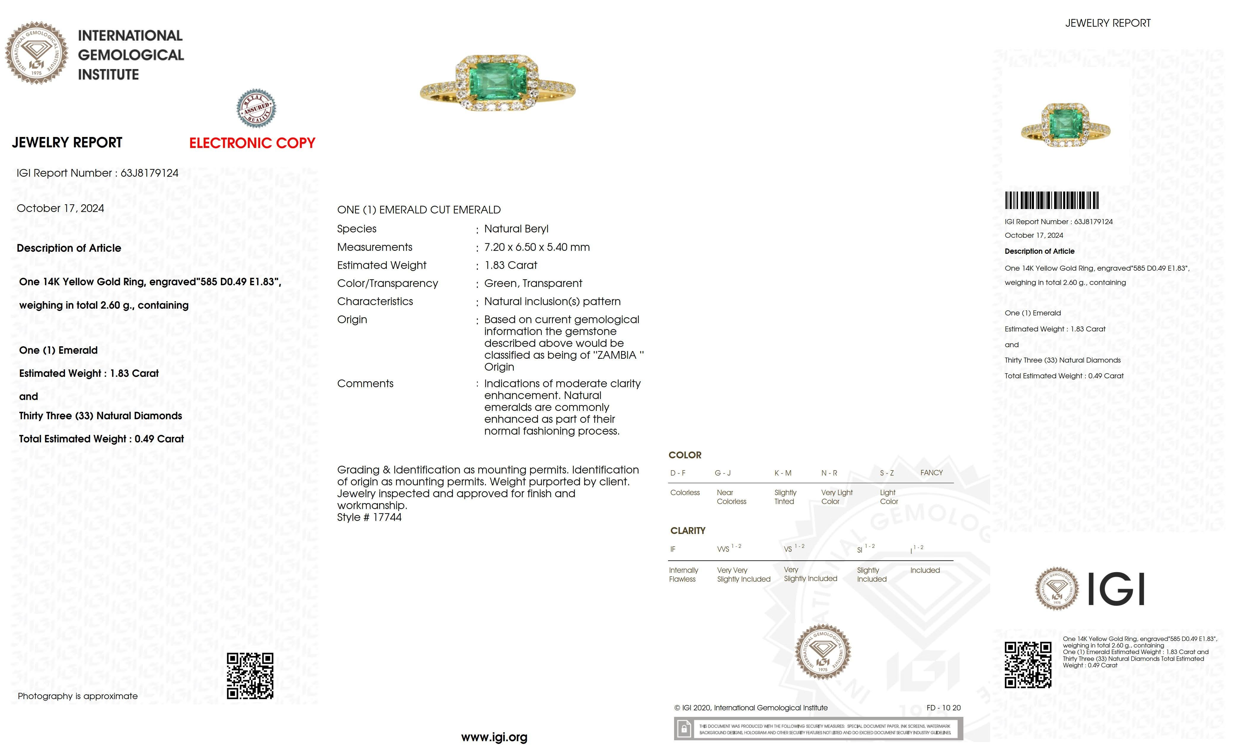 Contemporary IGI 14K 1.83 Ct Natural Emerald&Diamonds Antique Engagement Ring For Sale